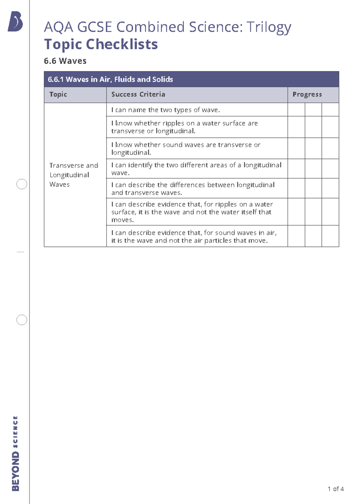 AQA GCSE Combined Science Trilogy Topic Checklists: Waves 6.6 Insights ...