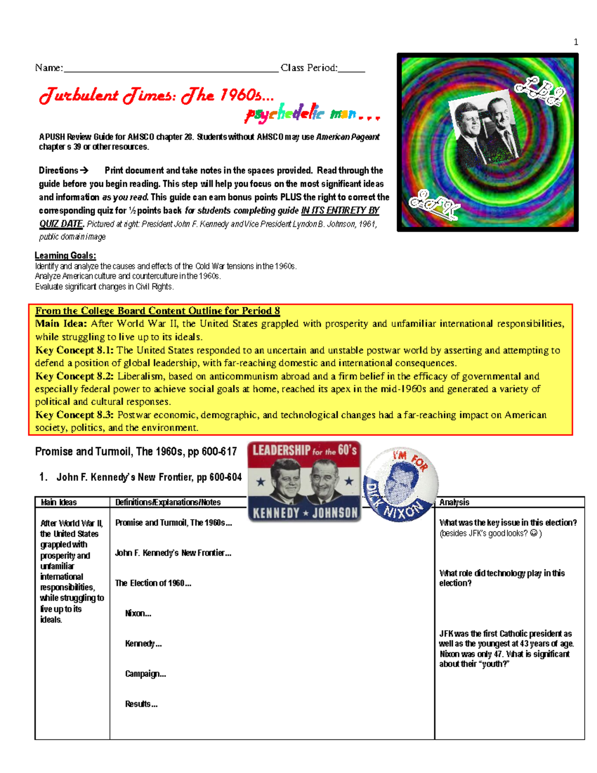 APUSH Guided Reading: AMSCO Chapter 28 - The 1960s and Civil Rights ...