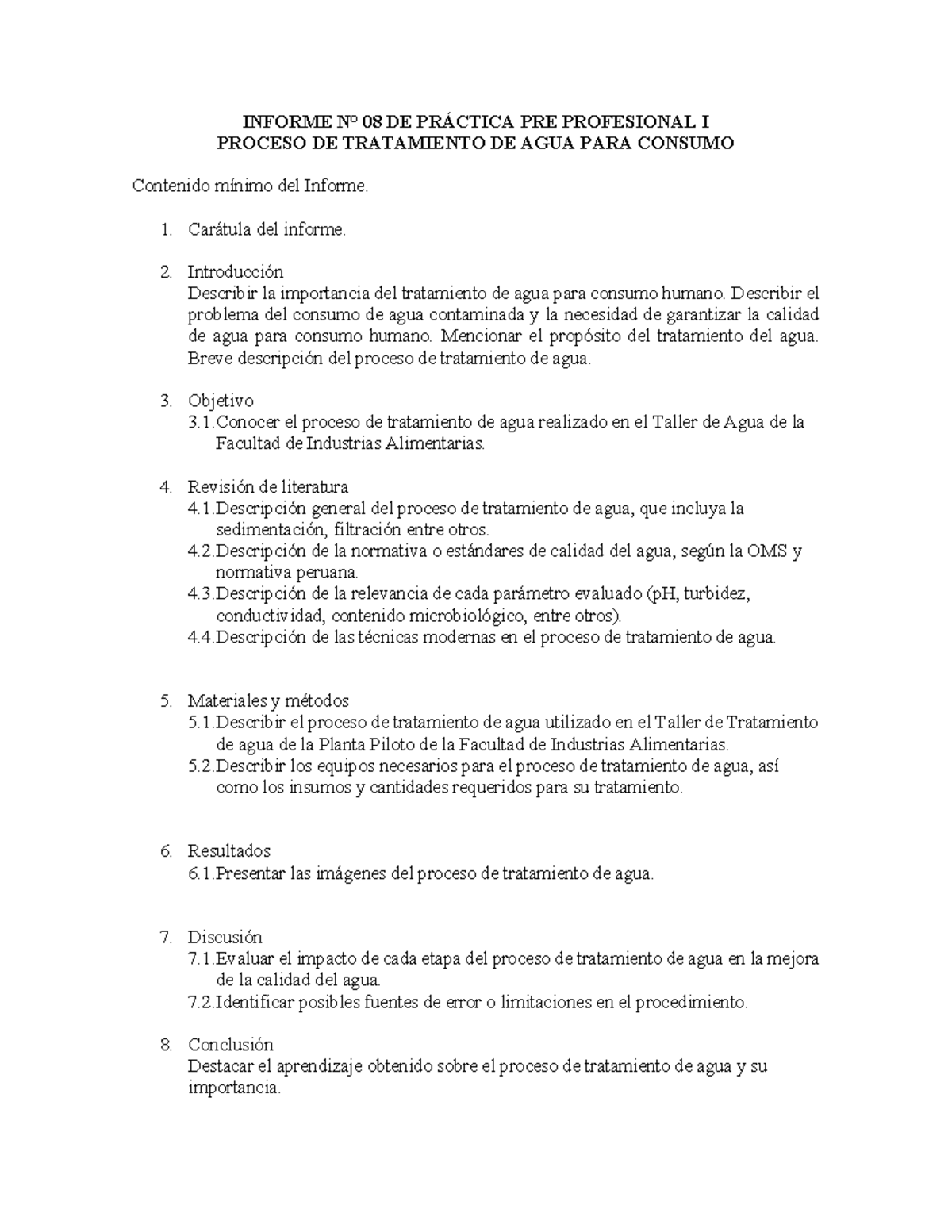 Informe N°08: Proceso de Tratamiento de Agua para Consumo Humano - Studocu