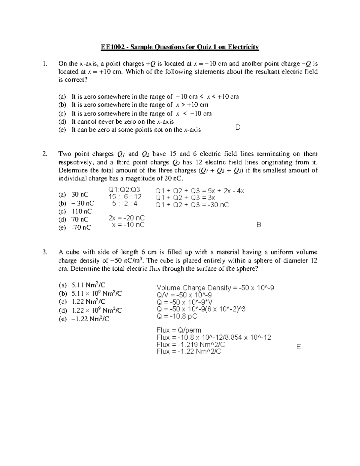 EE1002 Sample Questions for Quiz 1 on Electricity Concepts - Studocu