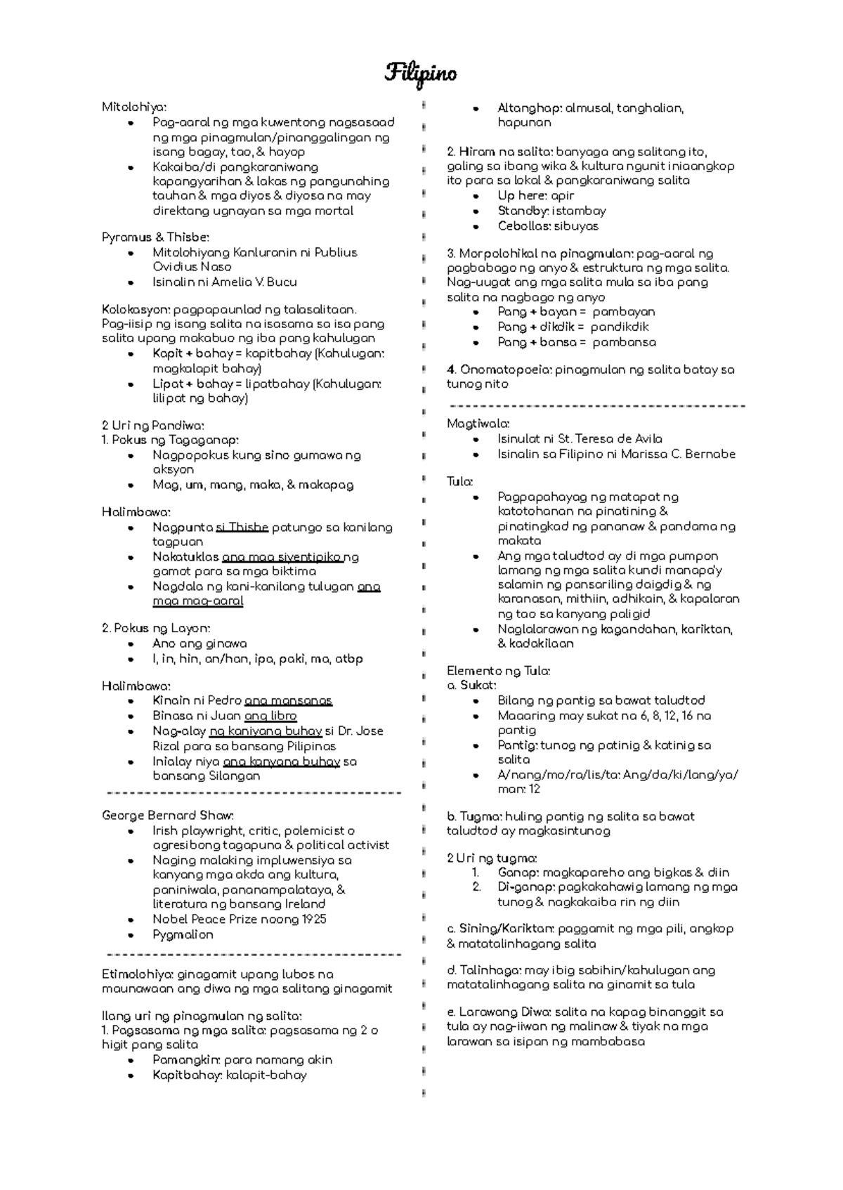 Filipino - Notes - Filipino Mitolohiya: Pag-aaral ng mga kuwentong ...
