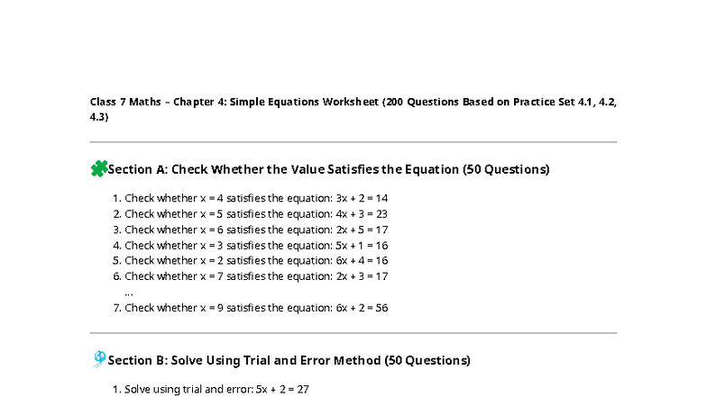 Class 7 Maths: Simple Equations Worksheet (200 Qs, Ch 4) - Studocu