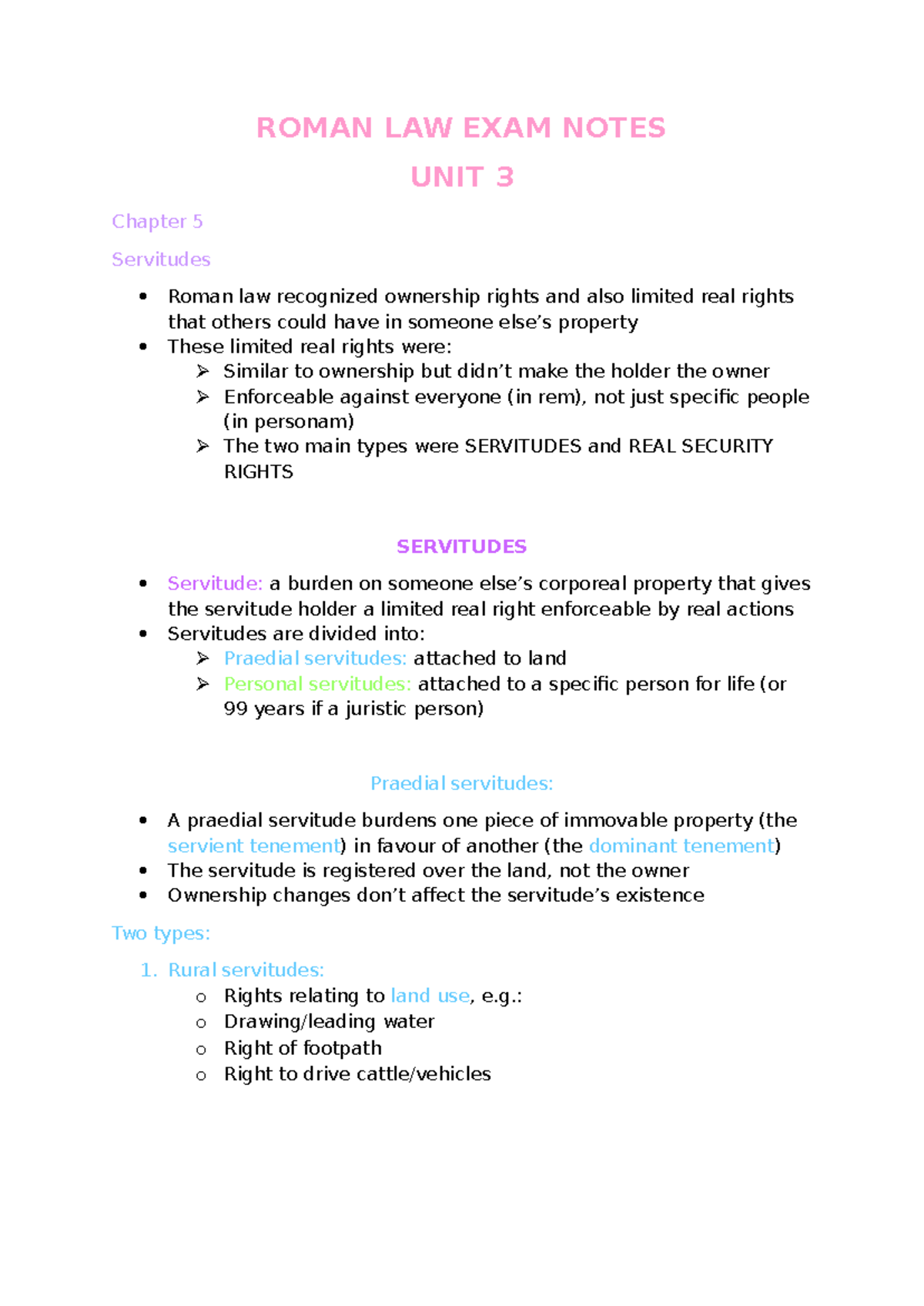 Roman Law Exam Notes: Unit 3 - Servitudes and Real Security Rights ...