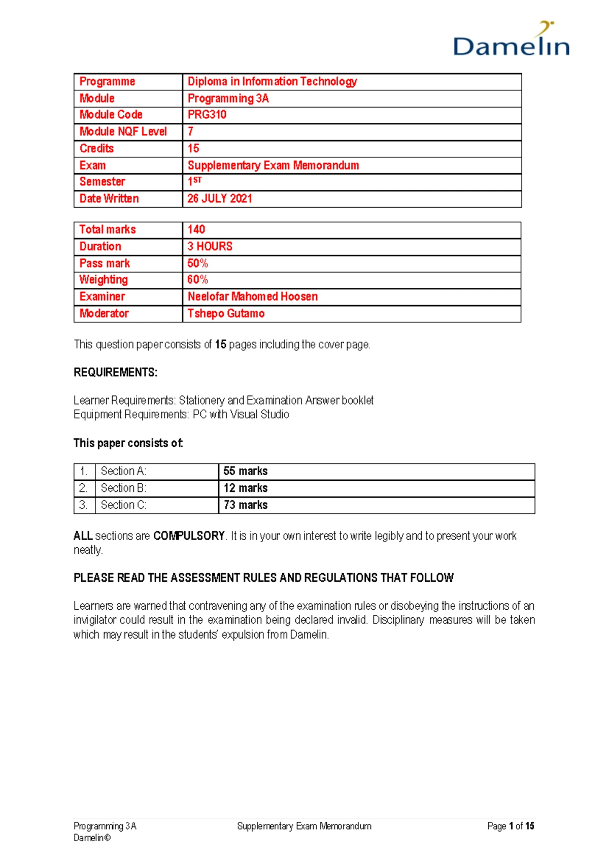 Damelin 2024 Final Exam Plan: Important Details for Students - Studocu