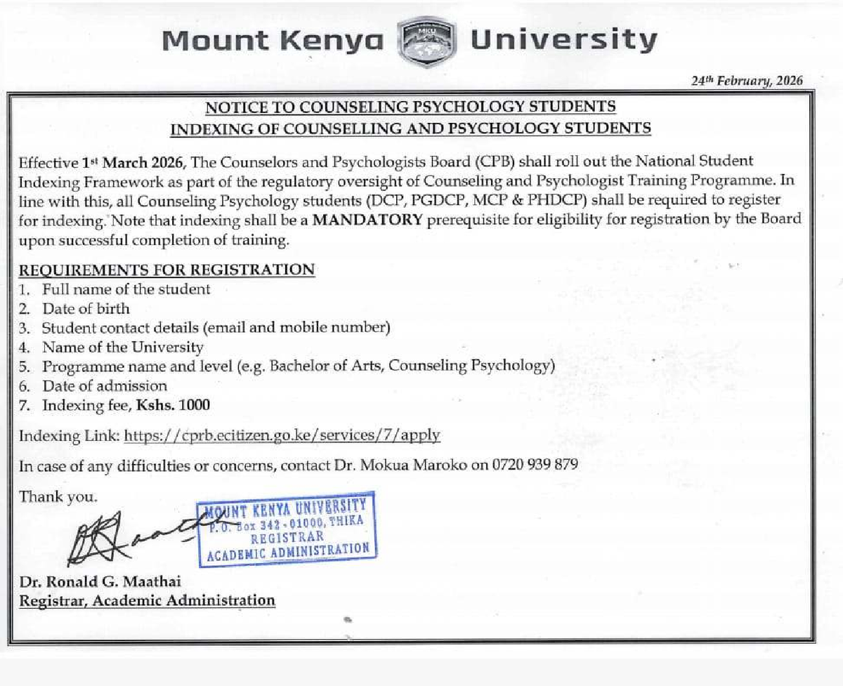 MKU Notice: Mandatory Indexing for Counseling Psychology Students - Studocu