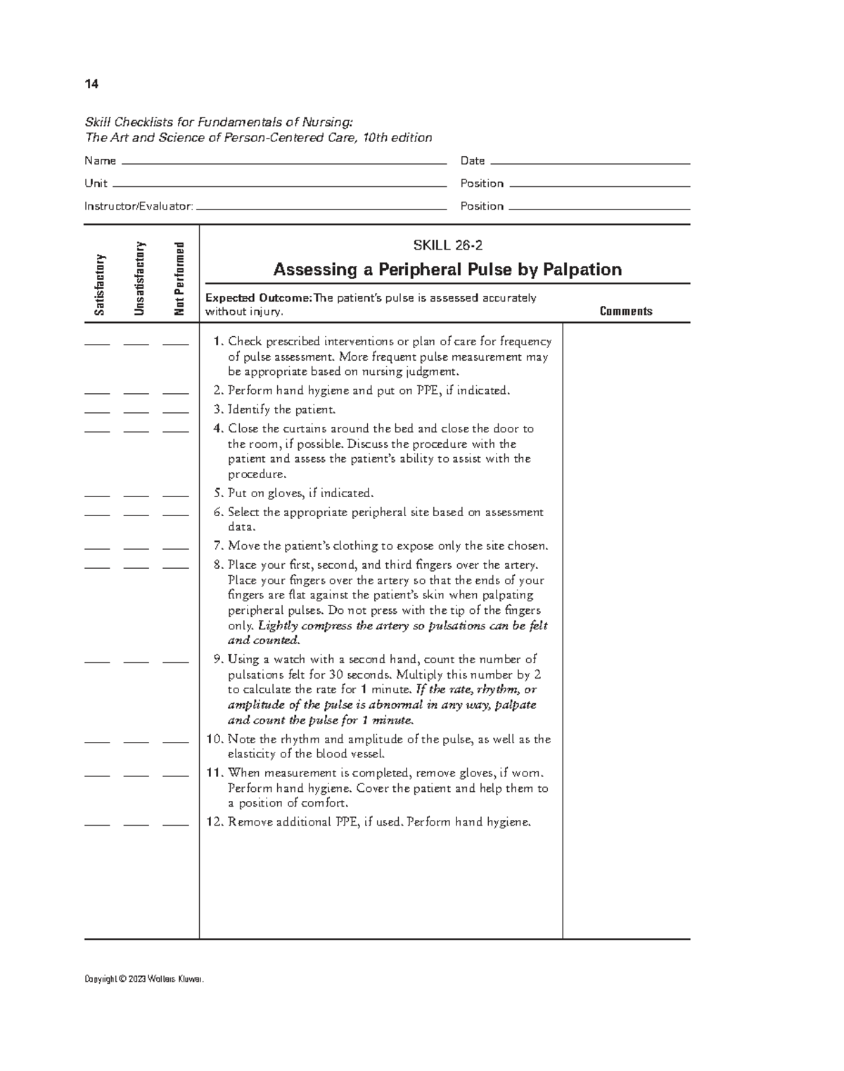 14 Skill Checklists for Nursing Fundamentals: Assessing Peripheral ...