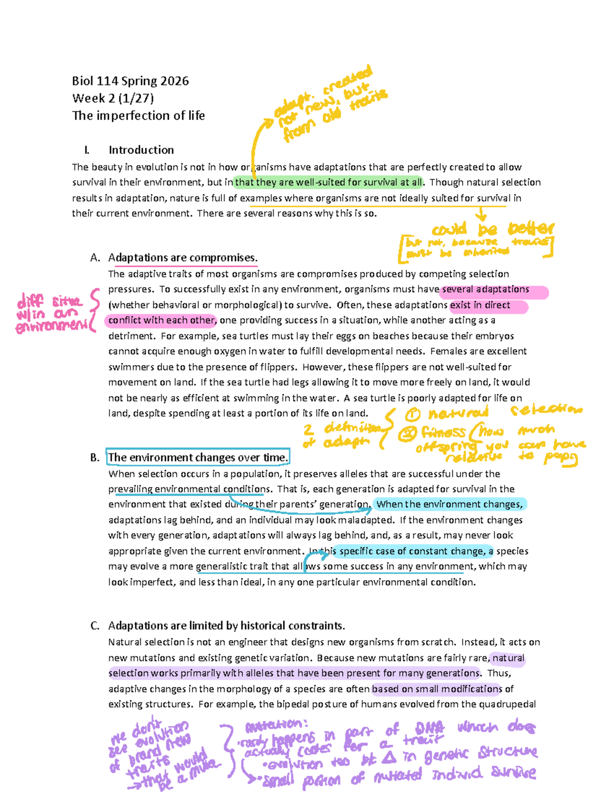 Biol 114 Spring 2026 Week 2: The Imperfection of Life and Adaptation ...