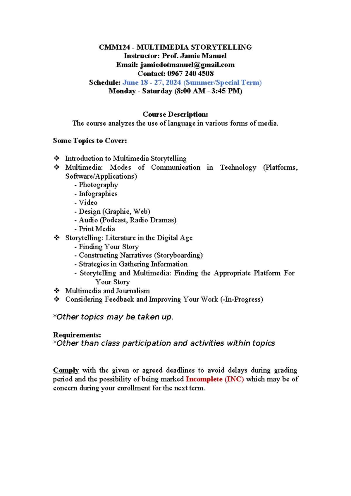 CMM124 - Multimedia Storytelling Course Overview and Topics - Studocu