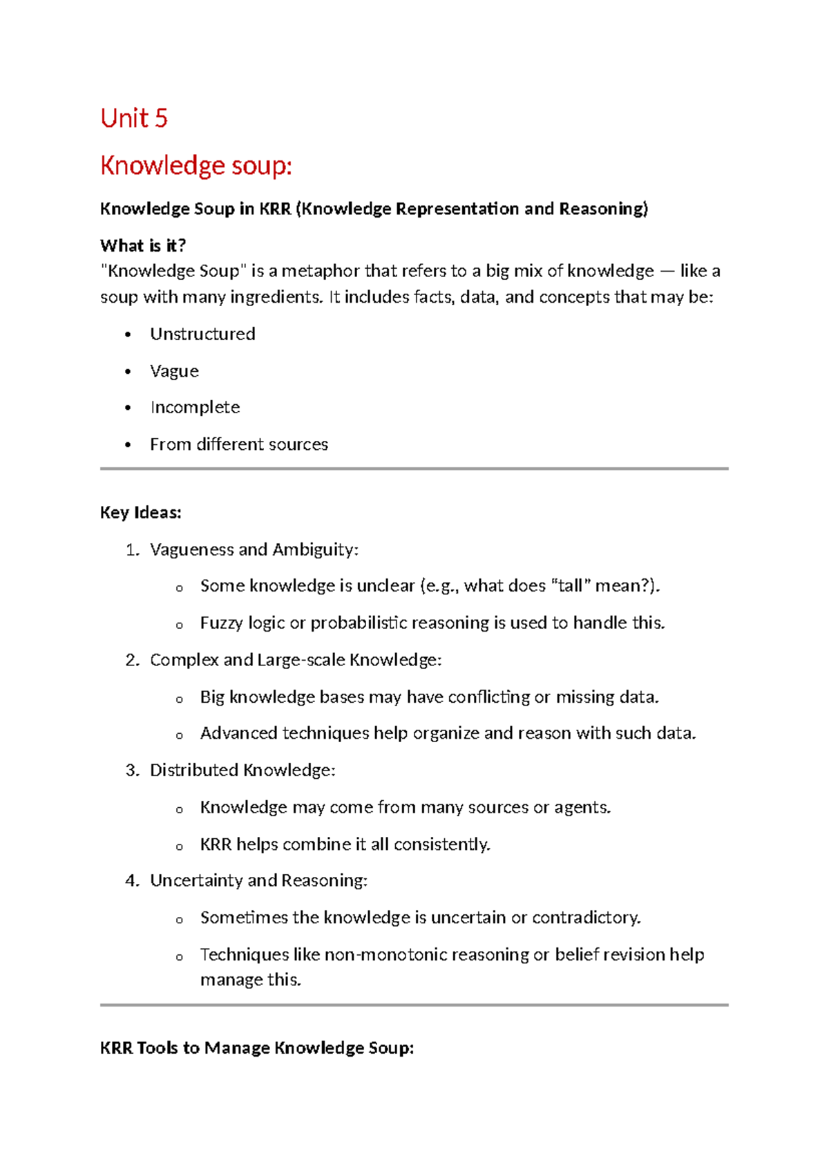 KRR-5: Unit 5 Notes on Knowledge Soup and Uncertainty in KRR - Studocu