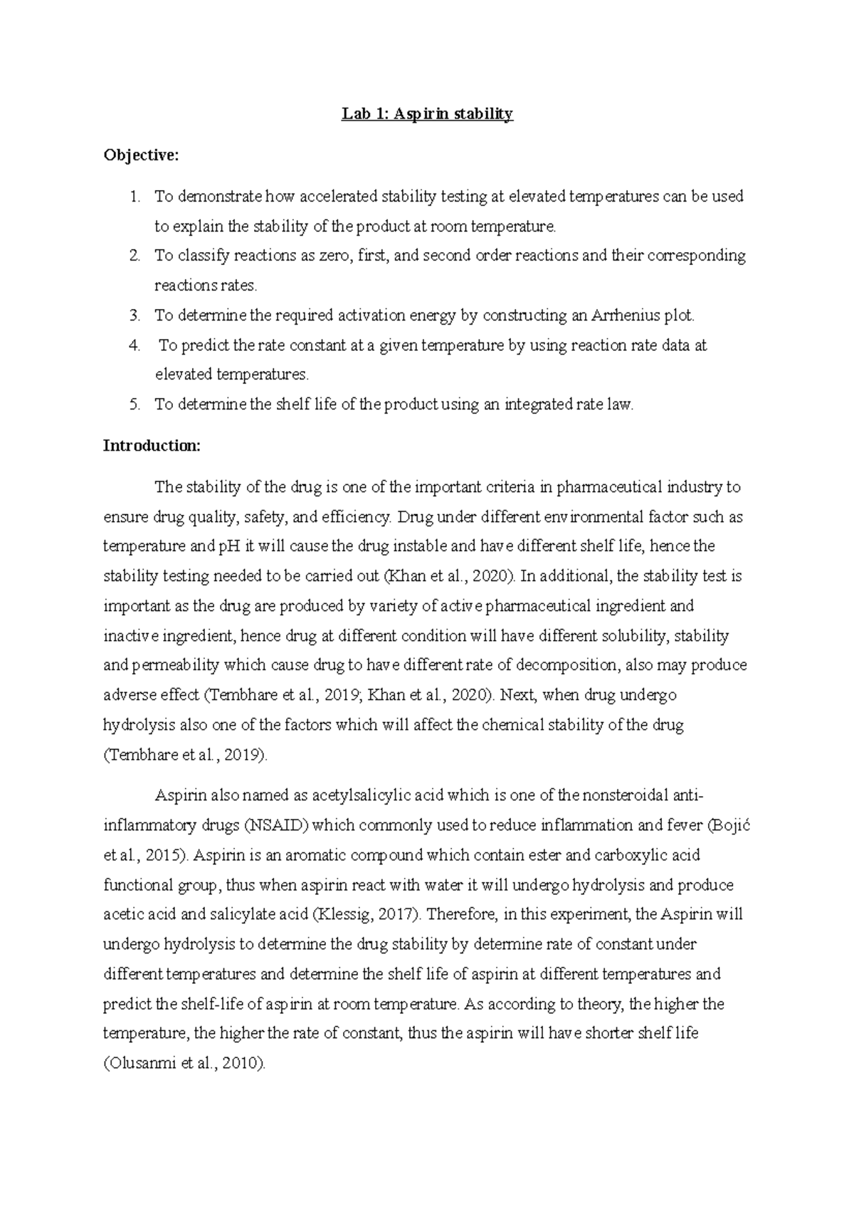 PHM 401: Pharmacology Lab Report on Aspirin Stability and Diffusion ...