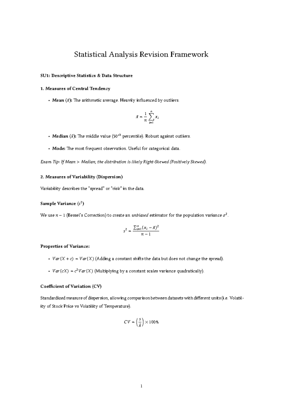 Statistical Analysis Revision Framework SU1: Descriptive Stats ...