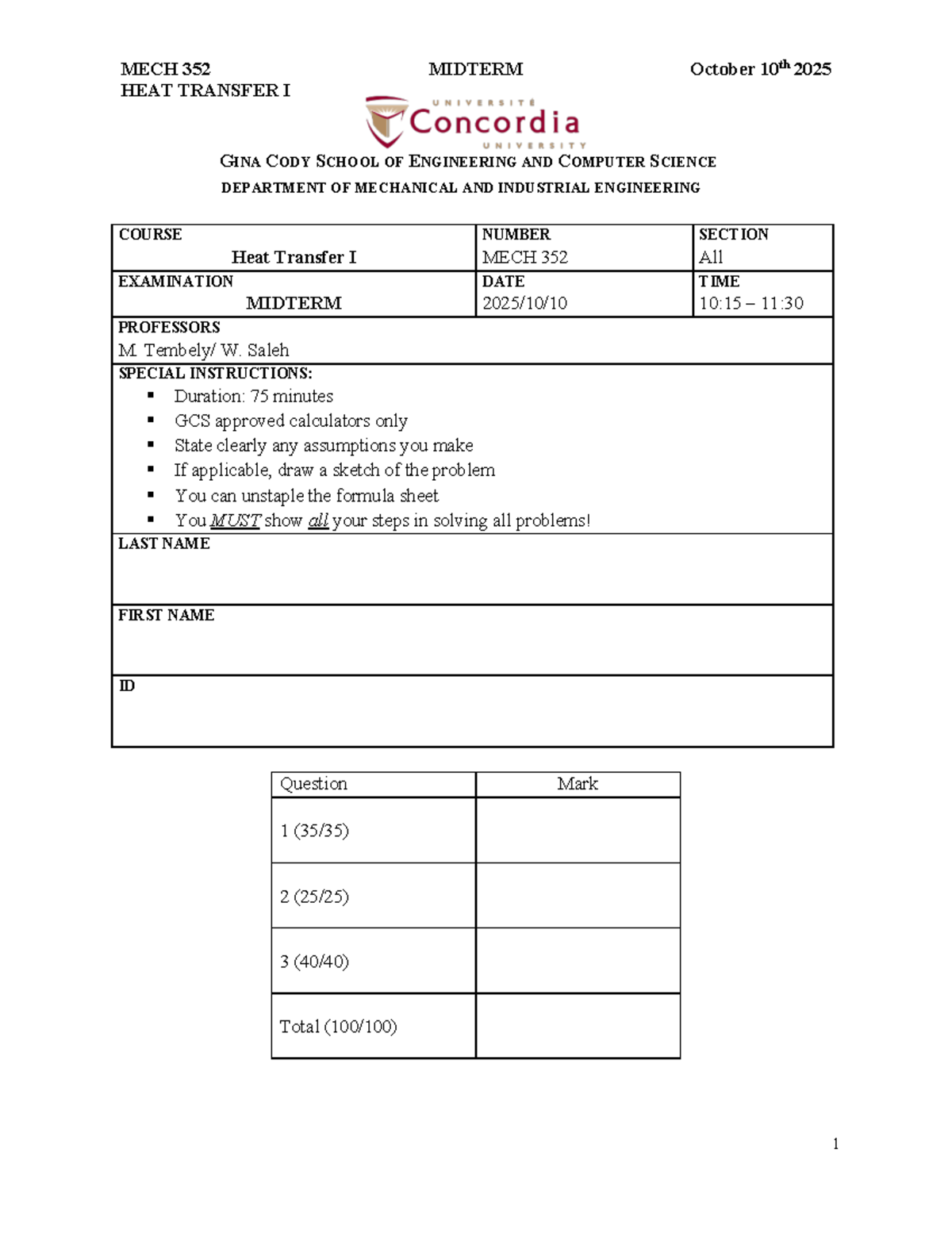 MECH 352 HEAT TRANSFER I MIDTERM SOLUTIONS October 2025 - Studocu