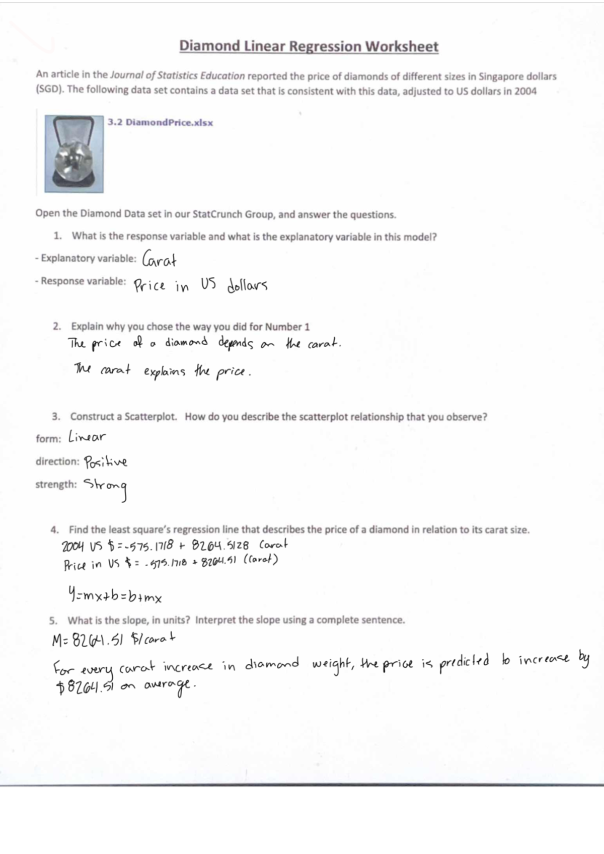 Diamond Linear Regression Worksheet - The following data set contains a ...