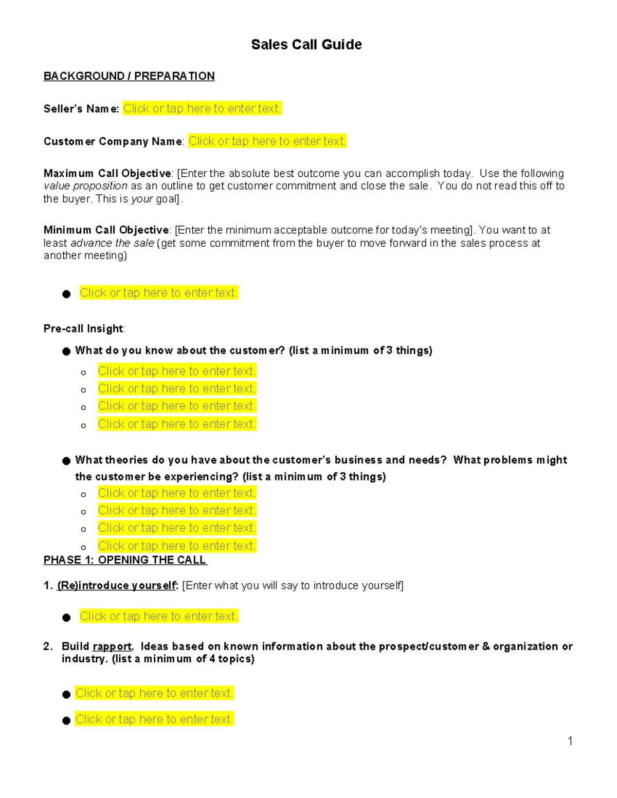 Sales Role Play Pre-Sales Guide (Opening) - Sales Call Guide BACKGROUND ...