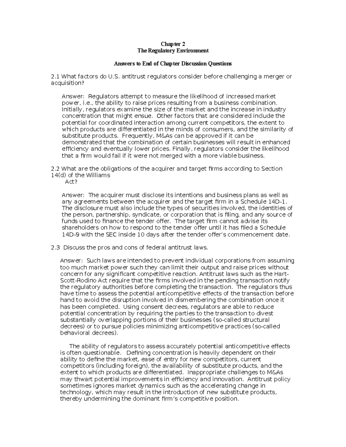 2304 - Chapter 2: Antitrust Regulations and Merger Analysis Discussion ...