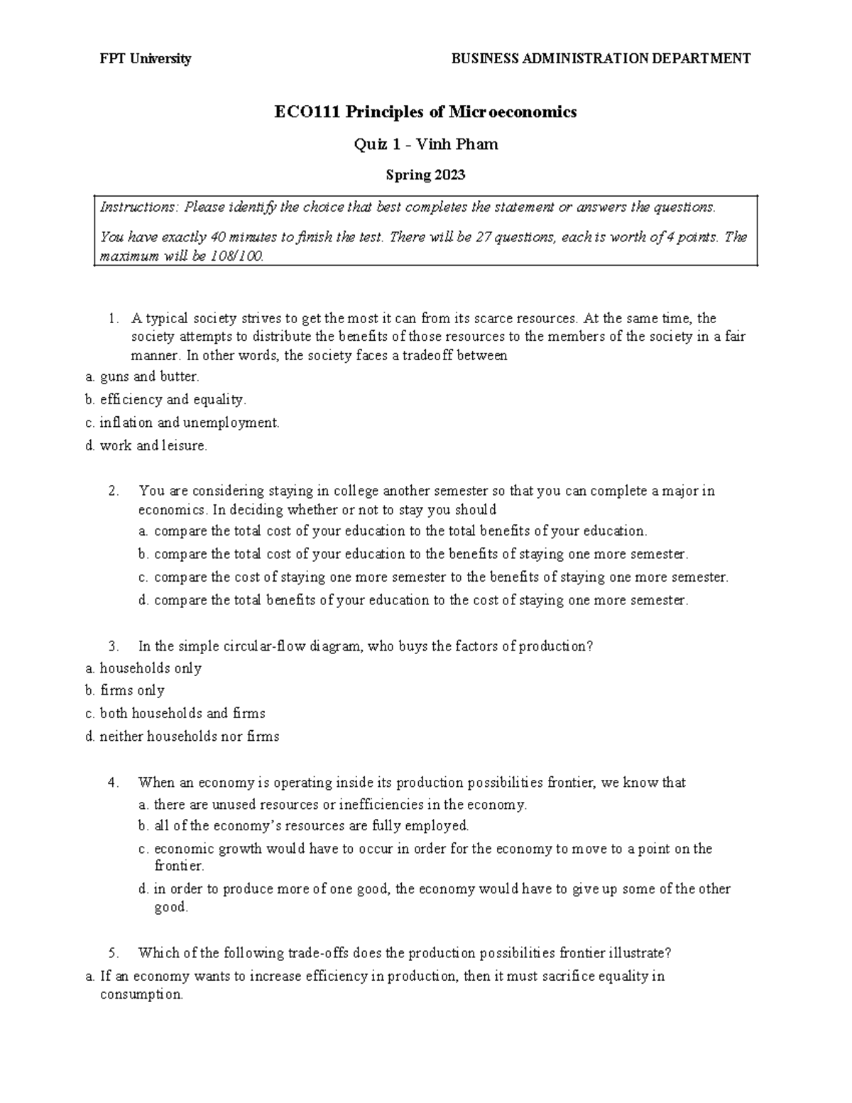 FPT University BUS ADM Department Principles of Microeconomics Quiz 1 ...