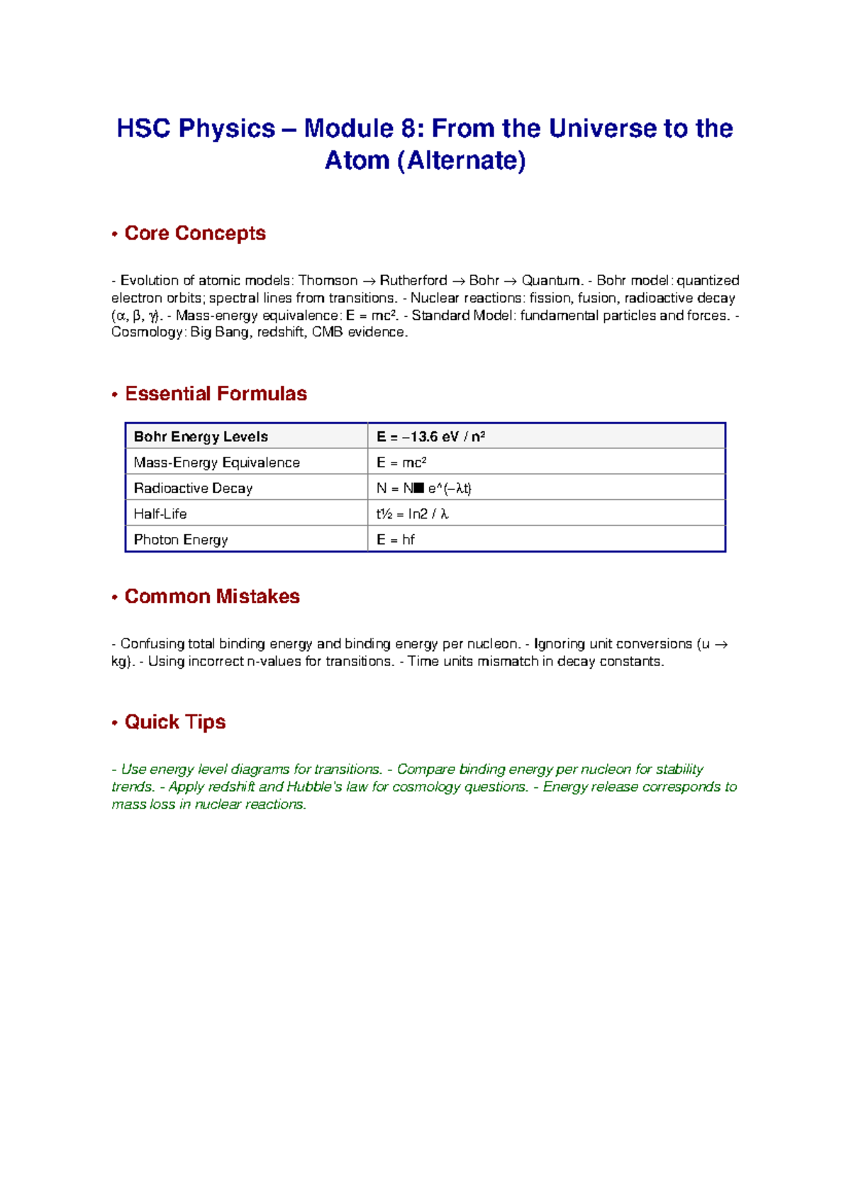 HSC Physics Module 8: Core Concepts & Key Formulas - Studocu