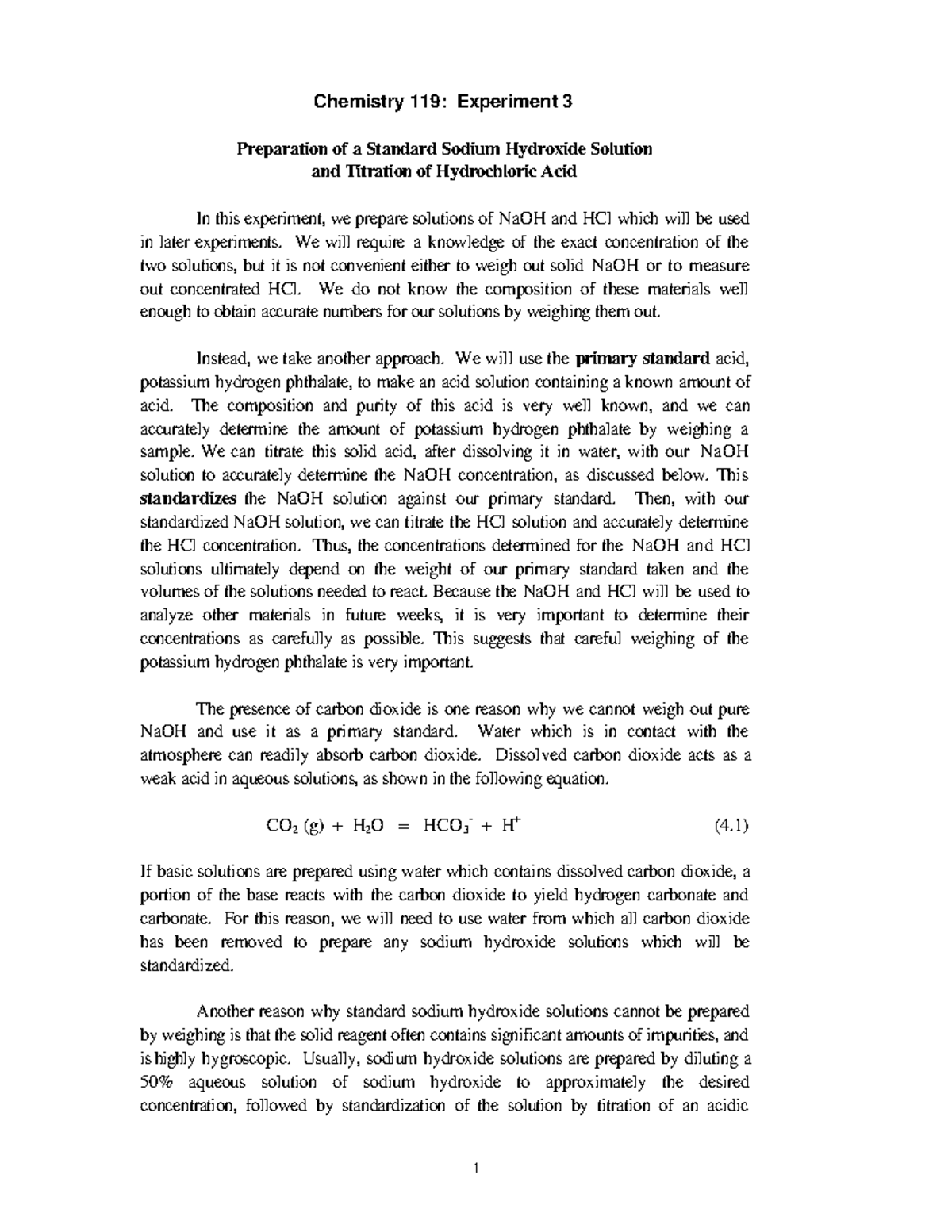 Chemistry 119: Lab Experiment 3 - Standard NaOH Preparation and ...