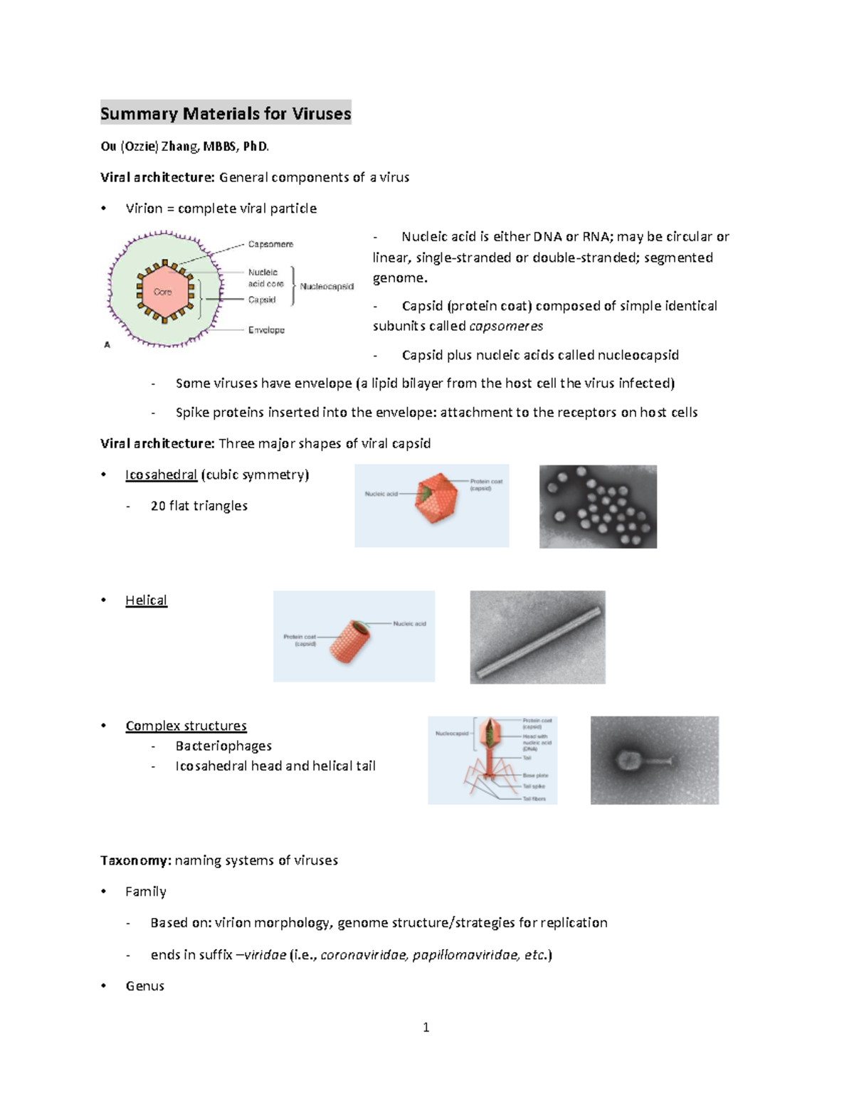 Summary Materials for Viruses (MBBS, PhD) - Key Concepts and Taxonomy ...