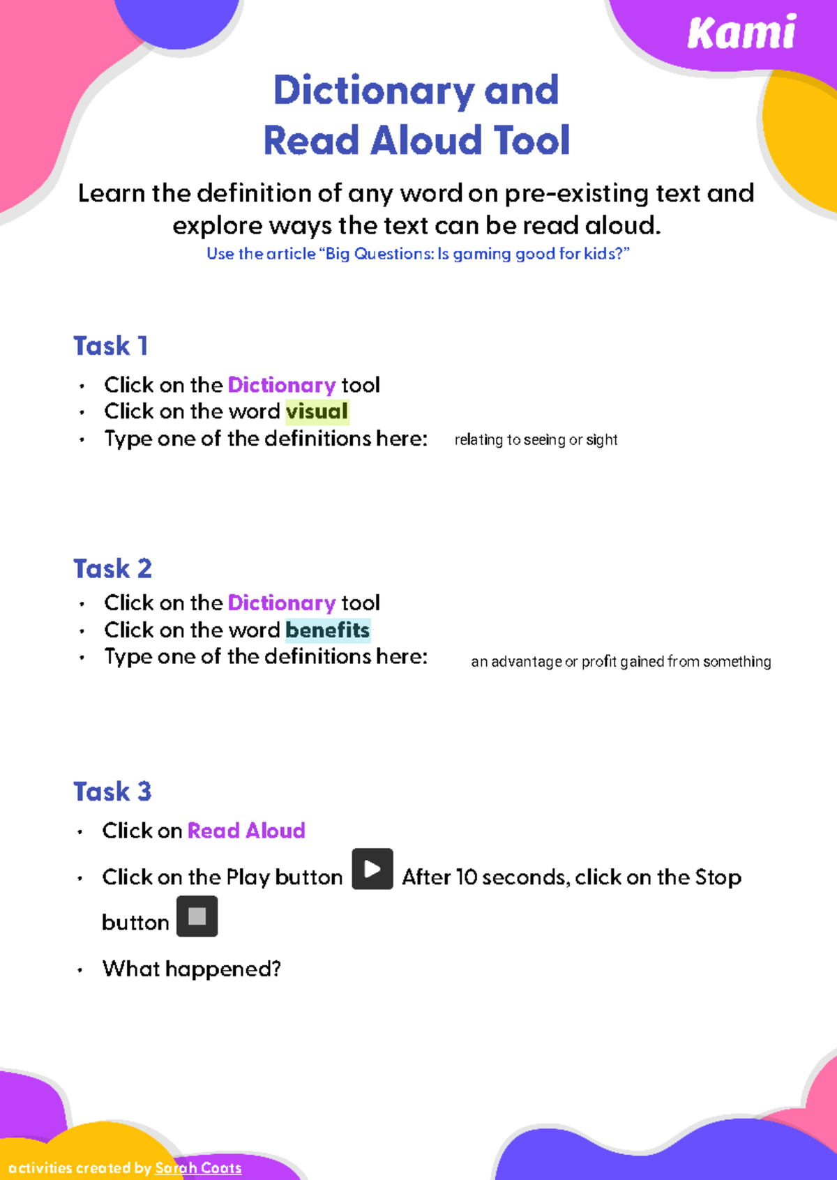 Kami Intro - Read Aloud & Dictionary Activities for Kids' Article - Studocu