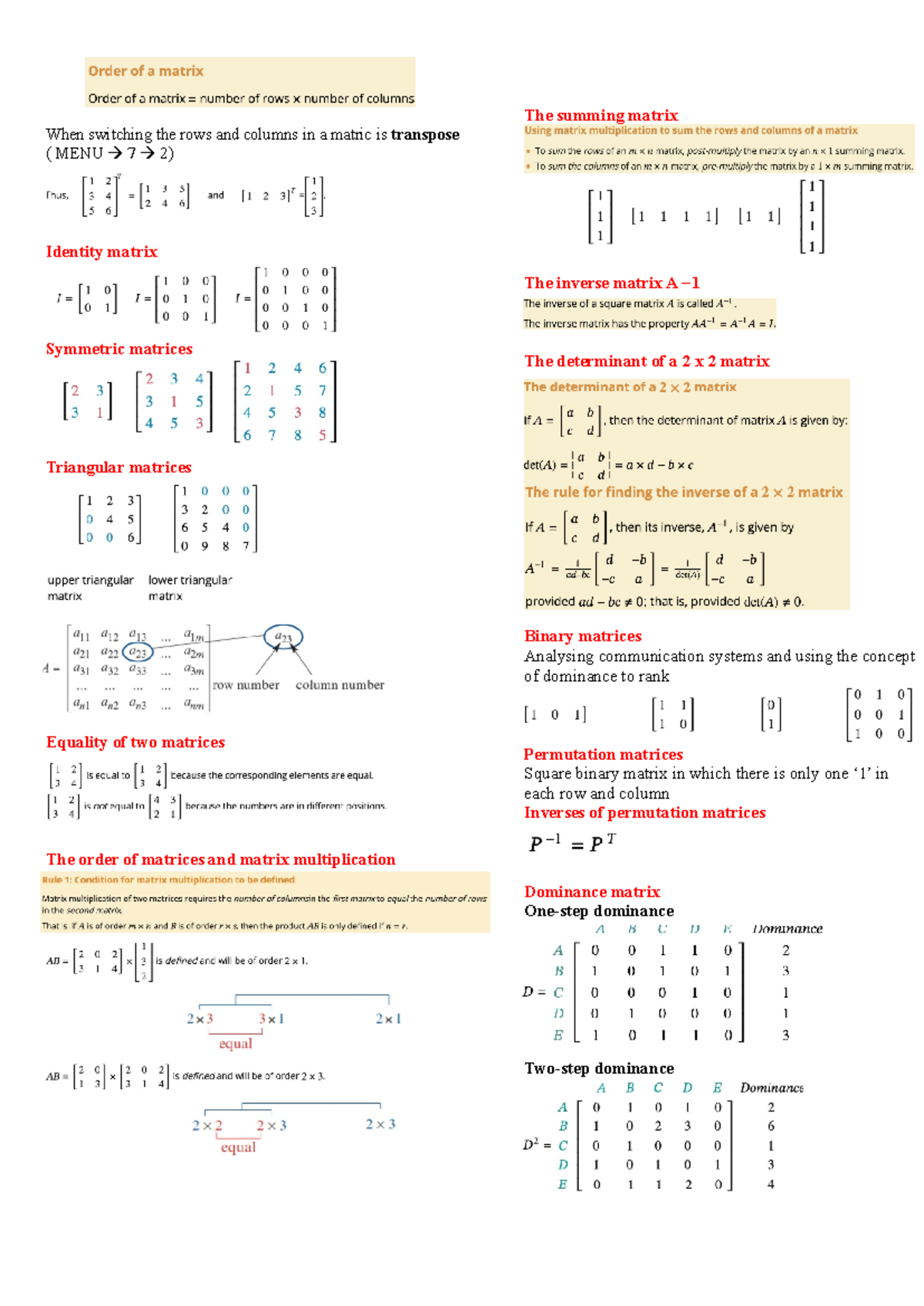 Matrices: Key Concepts and Properties for Understanding - Studocu