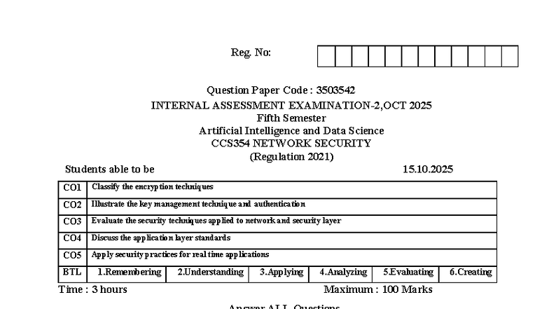 NS CCS354 Internal Assessment 2025 - Network Security Question Paper ...