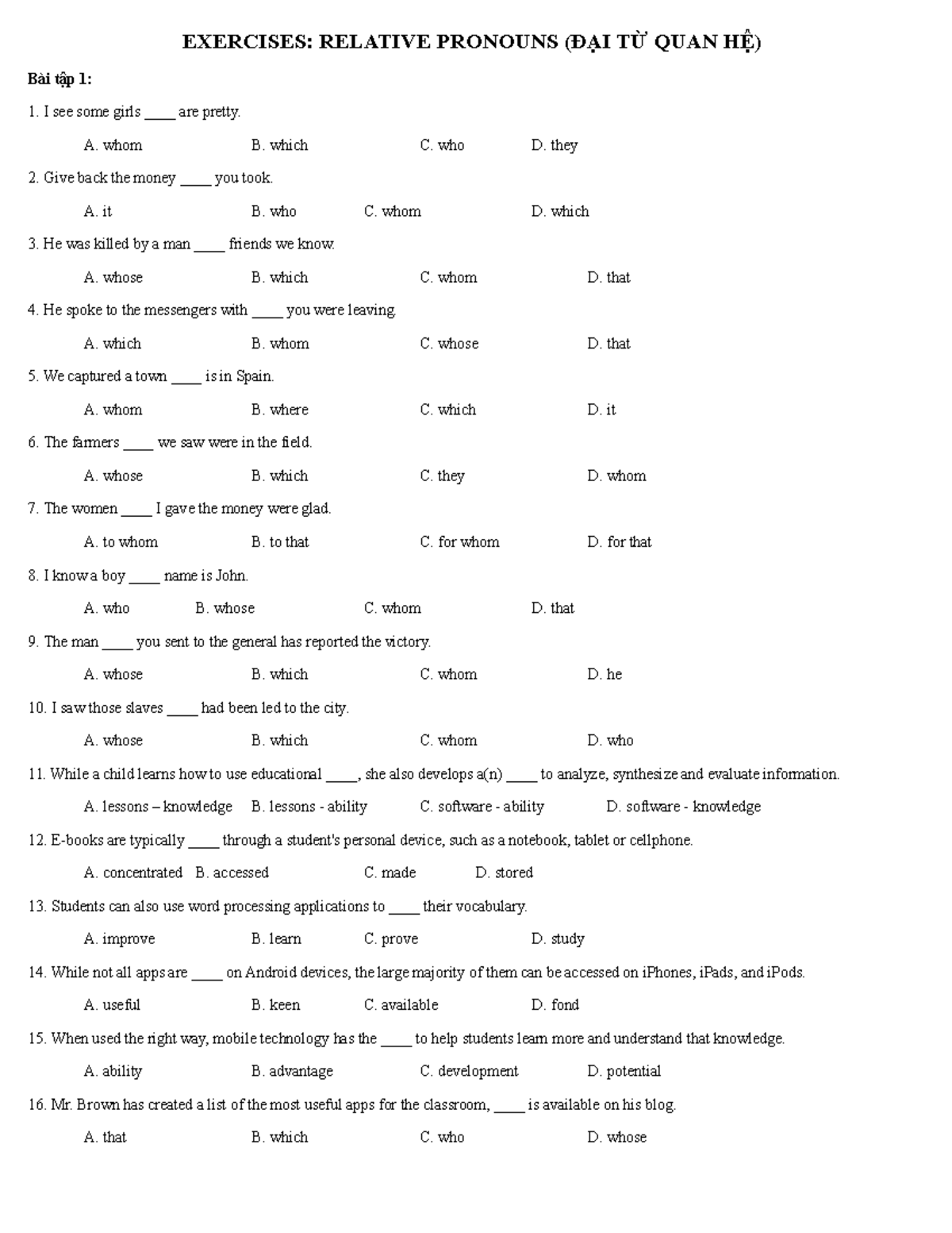 Exercises on Relative Pronouns: Quan Tâ 1, 2, 3 - Studocu