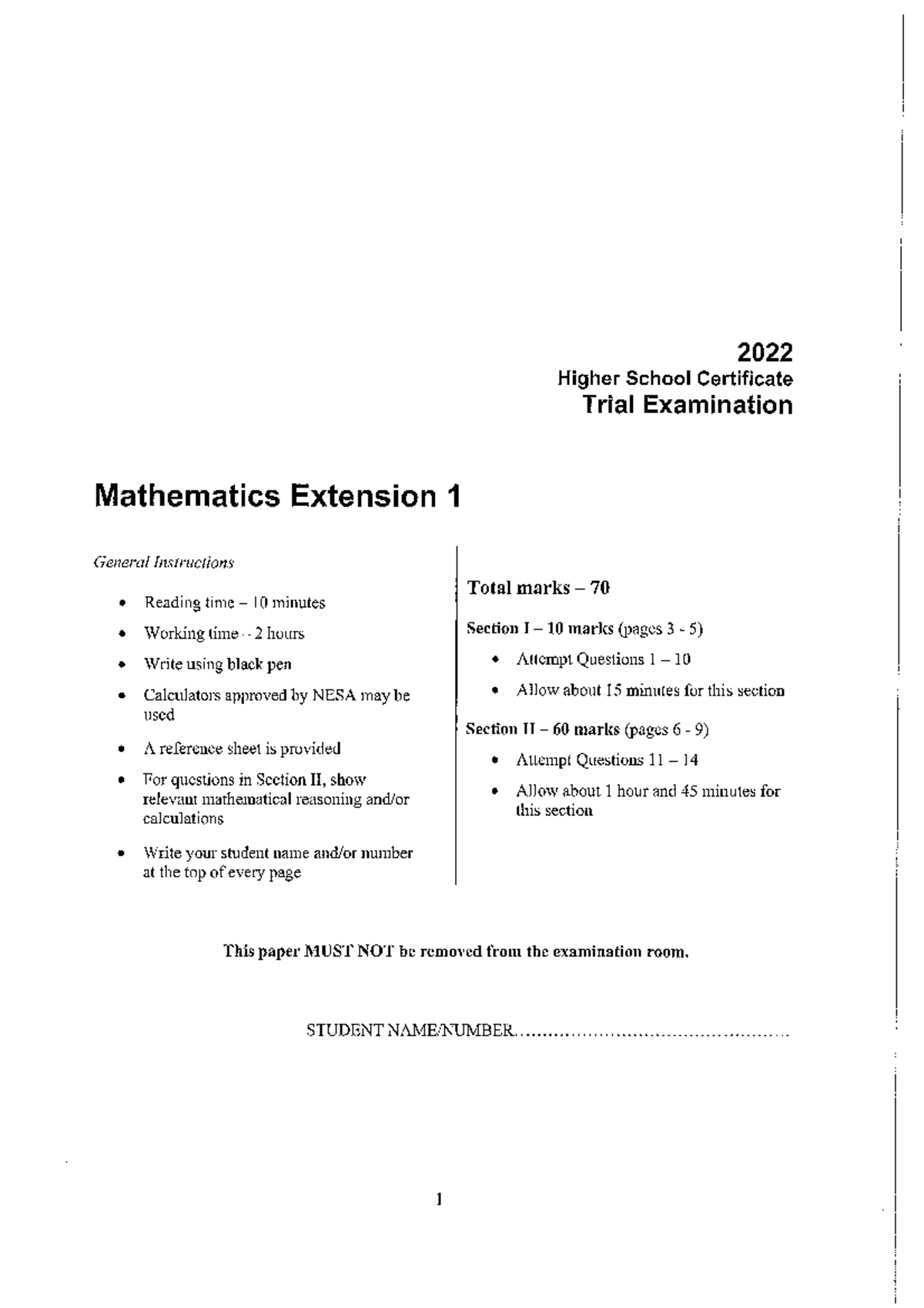 2022 HSC Trial Exam Mathematics Ext 1 - General Instructions ...