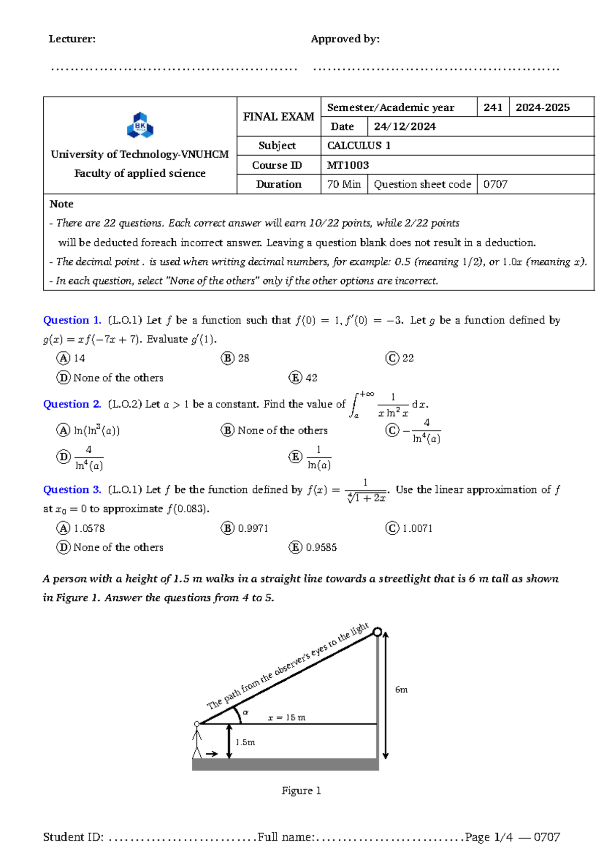 Final Exam MT1003: Calculus 1 Question Sheet (70 Min) - Studocu
