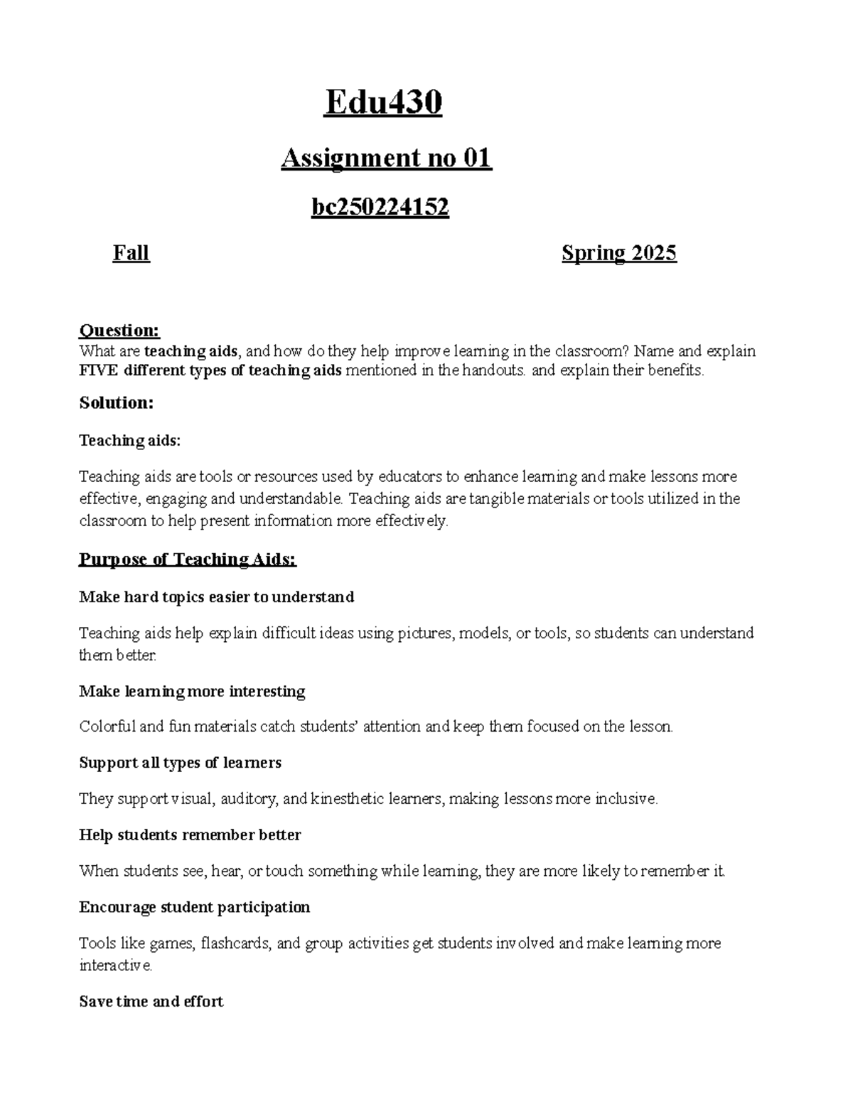 Spring 2025 EDU430 Assignment 01: Teaching Aids & Their Benefits - Studocu