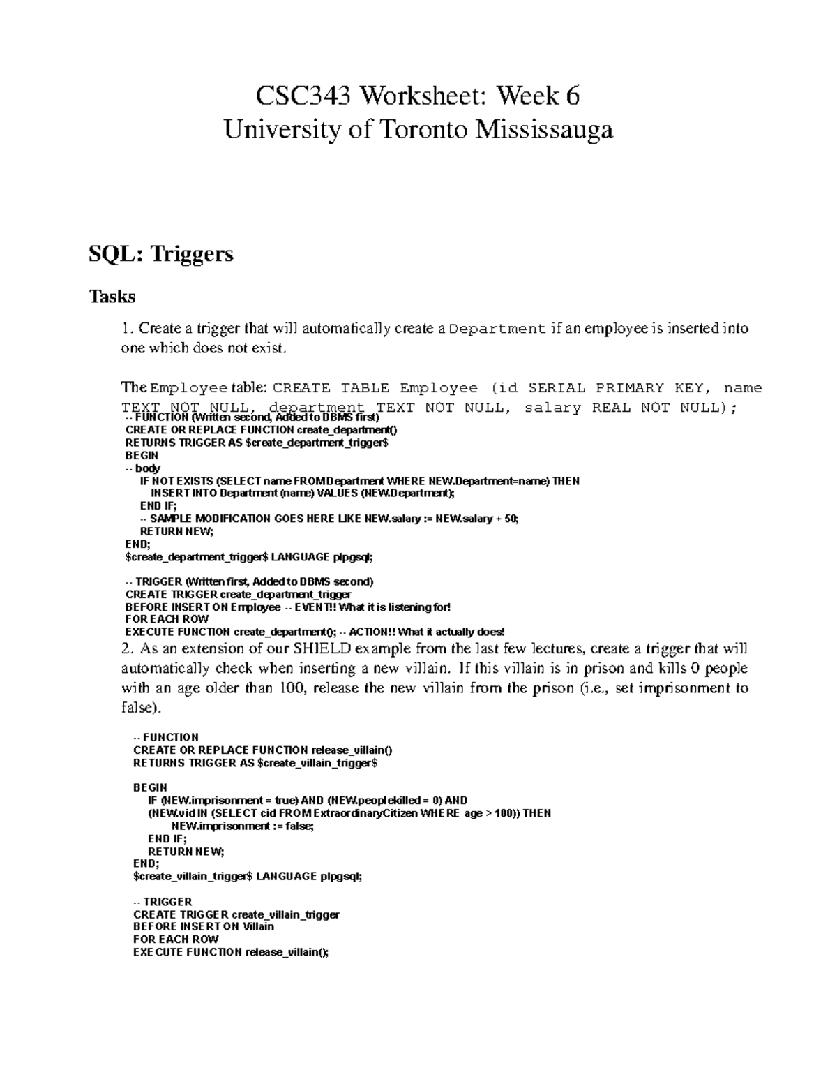 CSC343 Worksheet: Week 6 SQL Triggers and Functions - Studocu