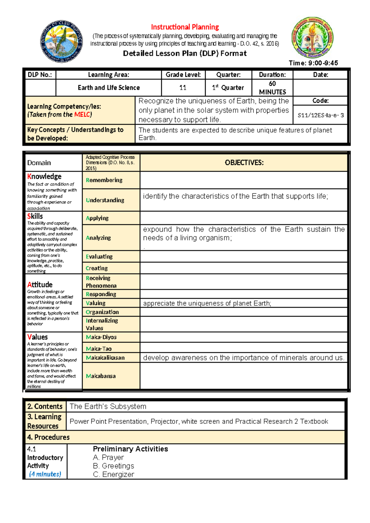 DLP ELS to be set - Lesson plan - Instructional Planning (The process ...
