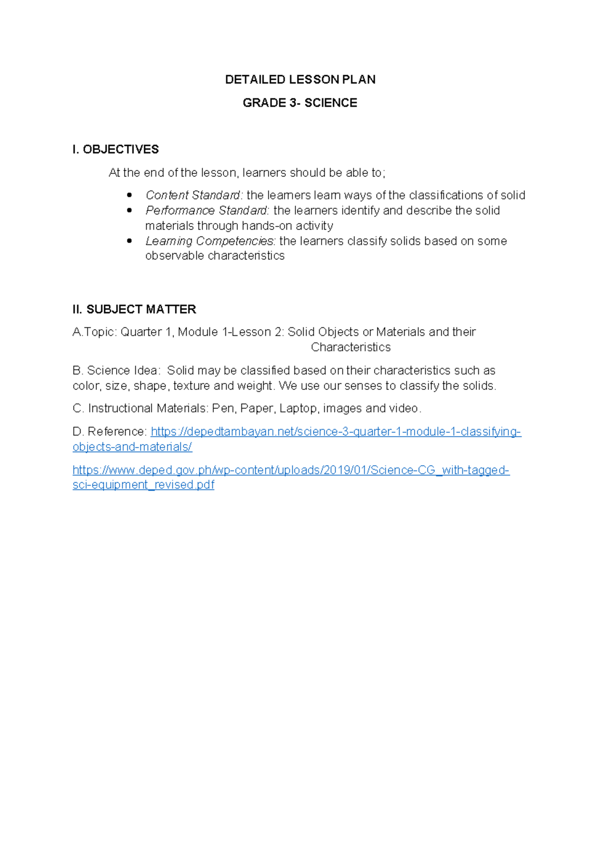 Grade 3 Science Lesson Plan: Classifying Solid Objects - Studocu
