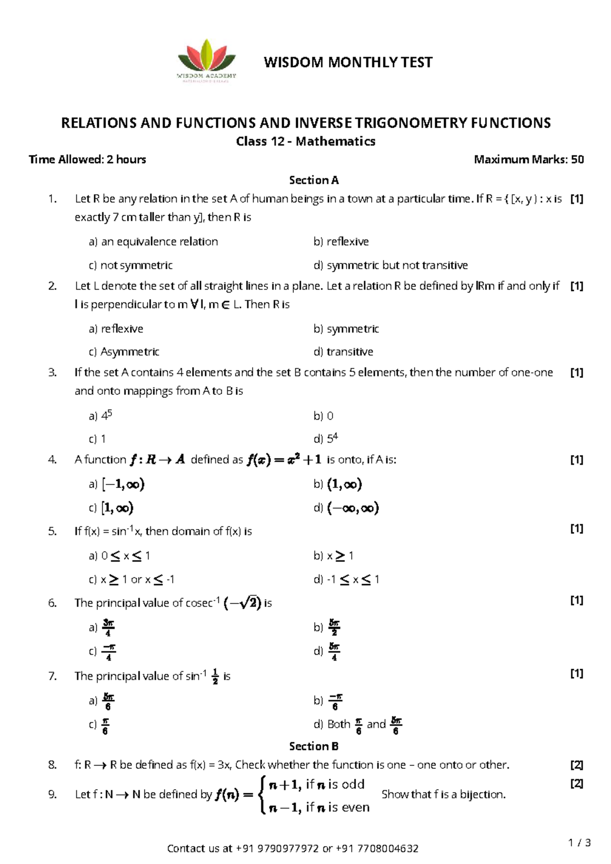 WISDOM CLASS 12 MATHS MONTHLY TEST: RELATIONS & INVERSE TRIG FUNCTIONS ...