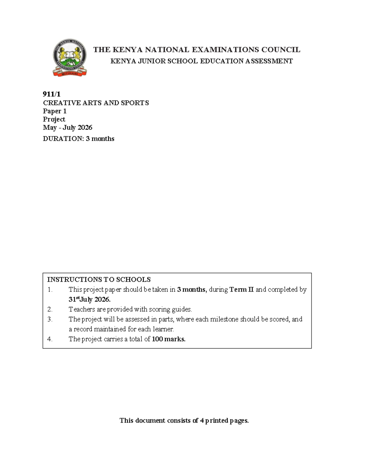 KENYA JUNIOR SCHOOL EDUCATION ASSESSMENT: CREATIVE ARTS & SPORTS ...