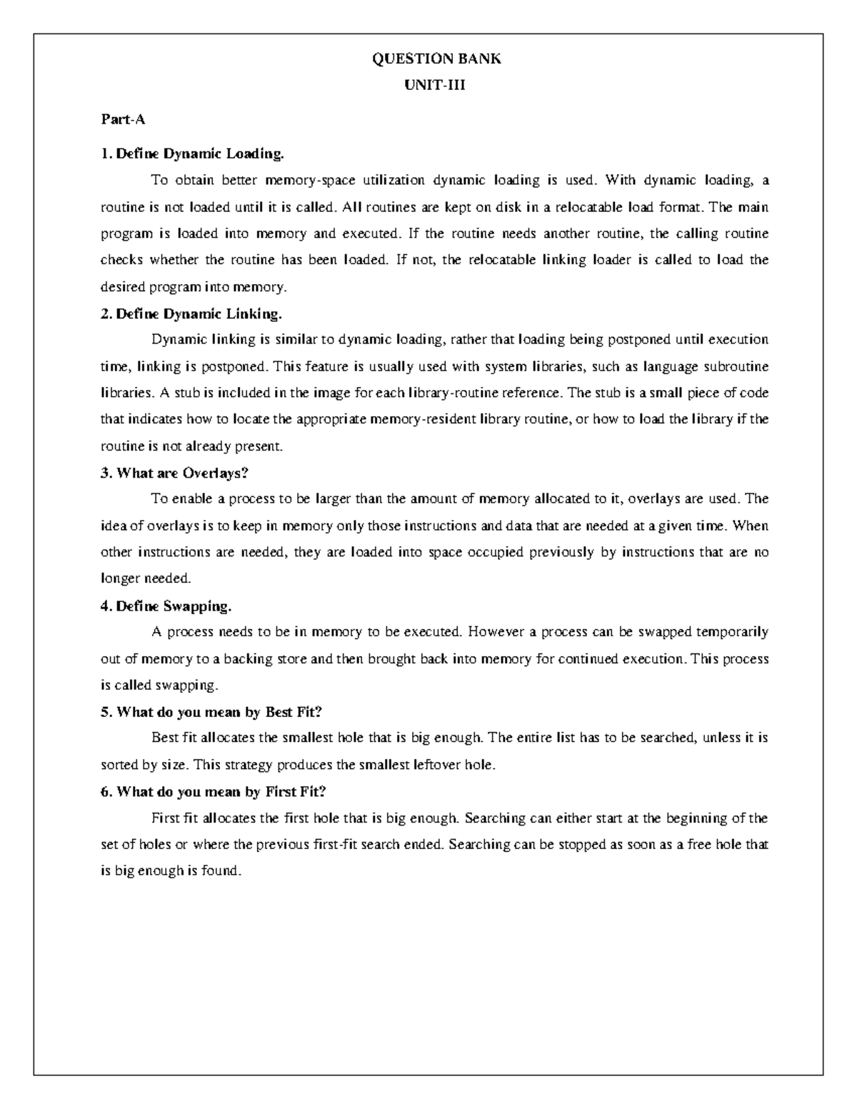 QBUnit - III - OS Question Bank: Dynamic Loading, Linking & Memory ...