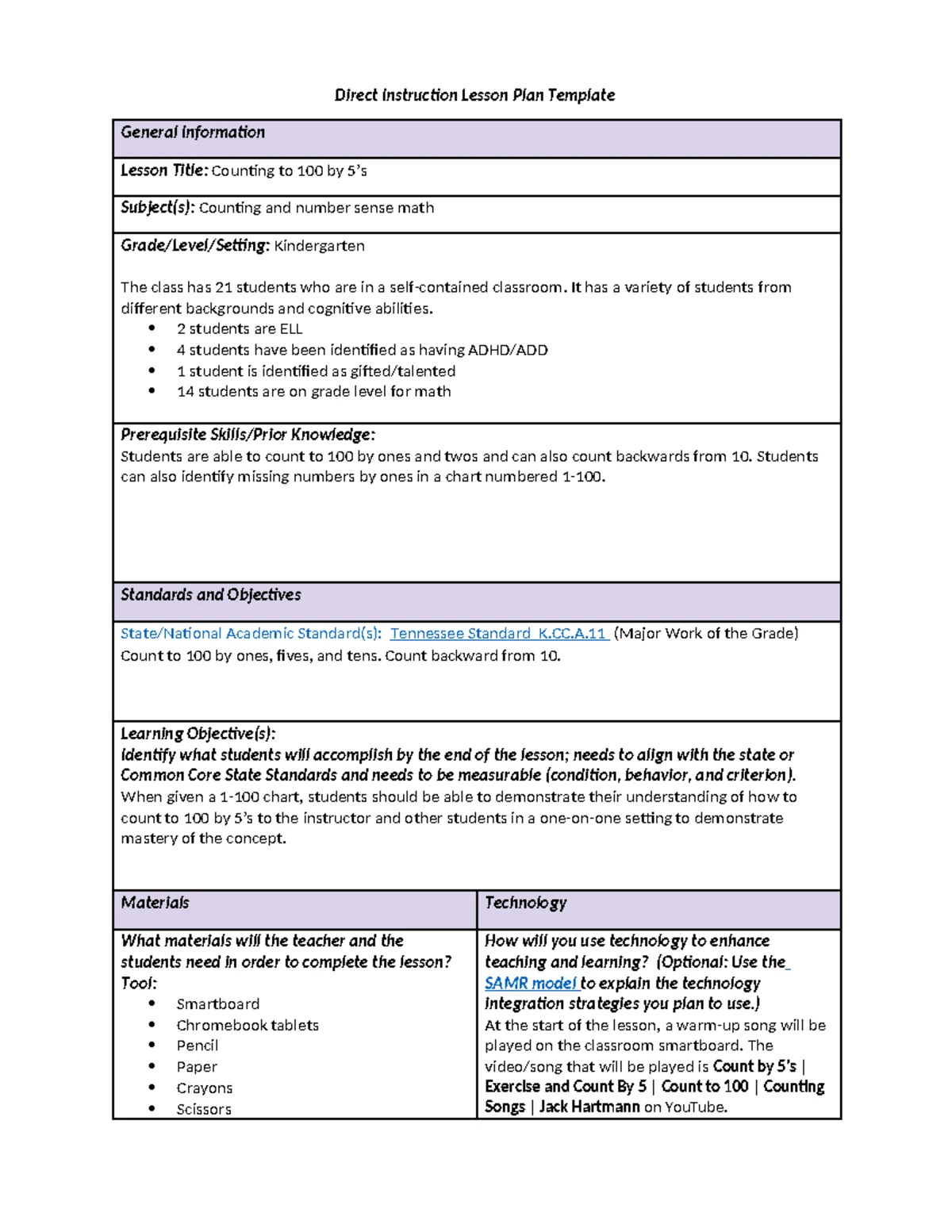 Elementary Mathematics KND Lesson Plan: Comparing Numbers 0-20 - Studocu