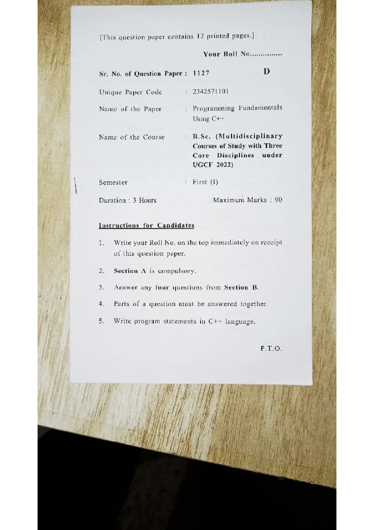 C++ PYQ1 - Programming Fundamentals Question Paper (B.Sc. I Sem) - Studocu