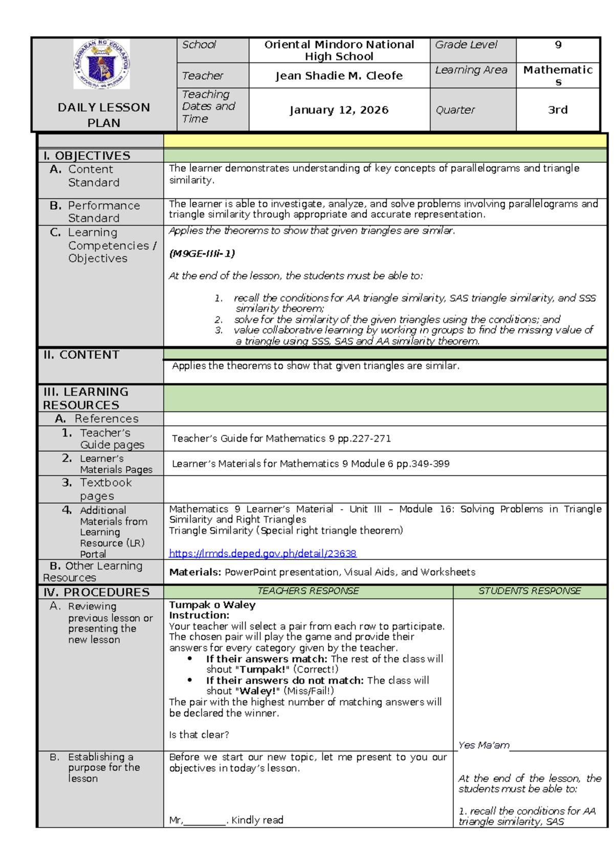 Grade 9 Math Lesson Plan: Triangle Similarity (Module 14 D1) - Studocu