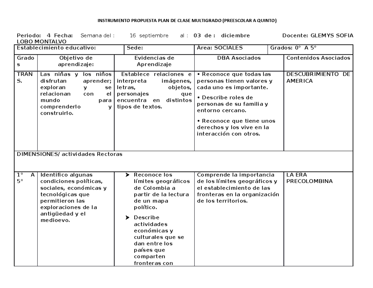 Formato de Plan de Clase Multigrado - Sociales (0° a 5°) - Studocu