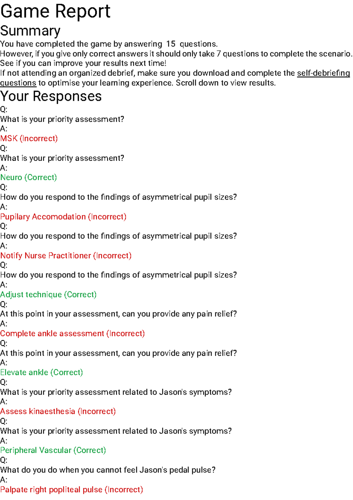 Game Report Summary: Progress Report on Assessment Results - Studocu