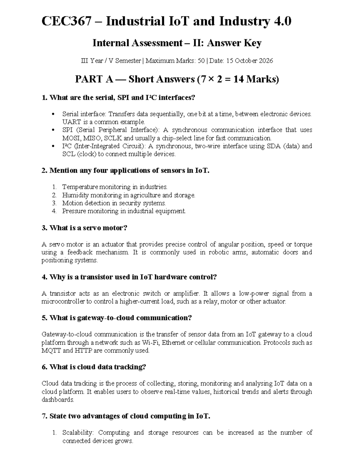 CEC367 Industrial IoT and Industry 4.0 Internal Assessment II: Answer ...