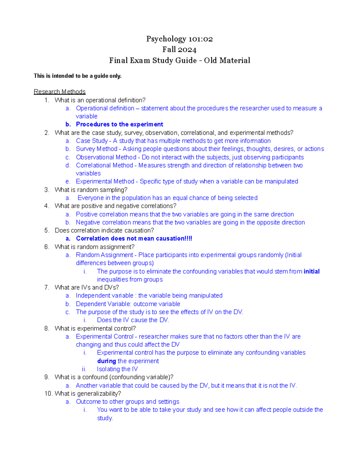 General Psychology (02) - Final Exam Study Guide (Old Material ...