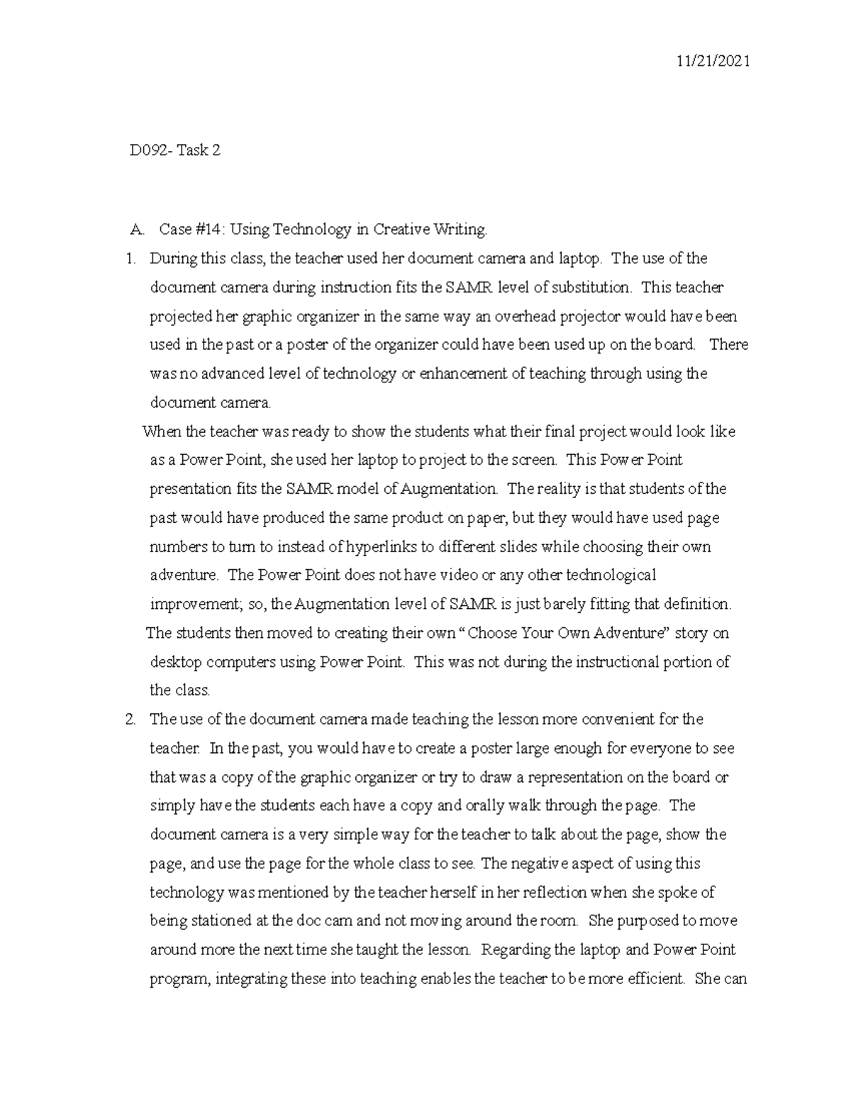 Technology Integration Task 2 - D092- Task 2 A. Case #14: Using ...
