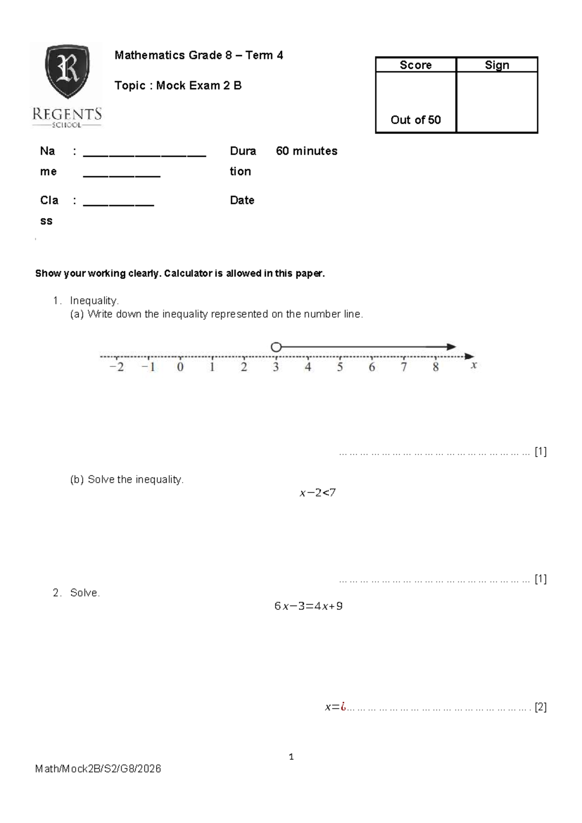 Mathematics Grade 8 Mock Exam 2B - Term 4 Assessment - Studocu