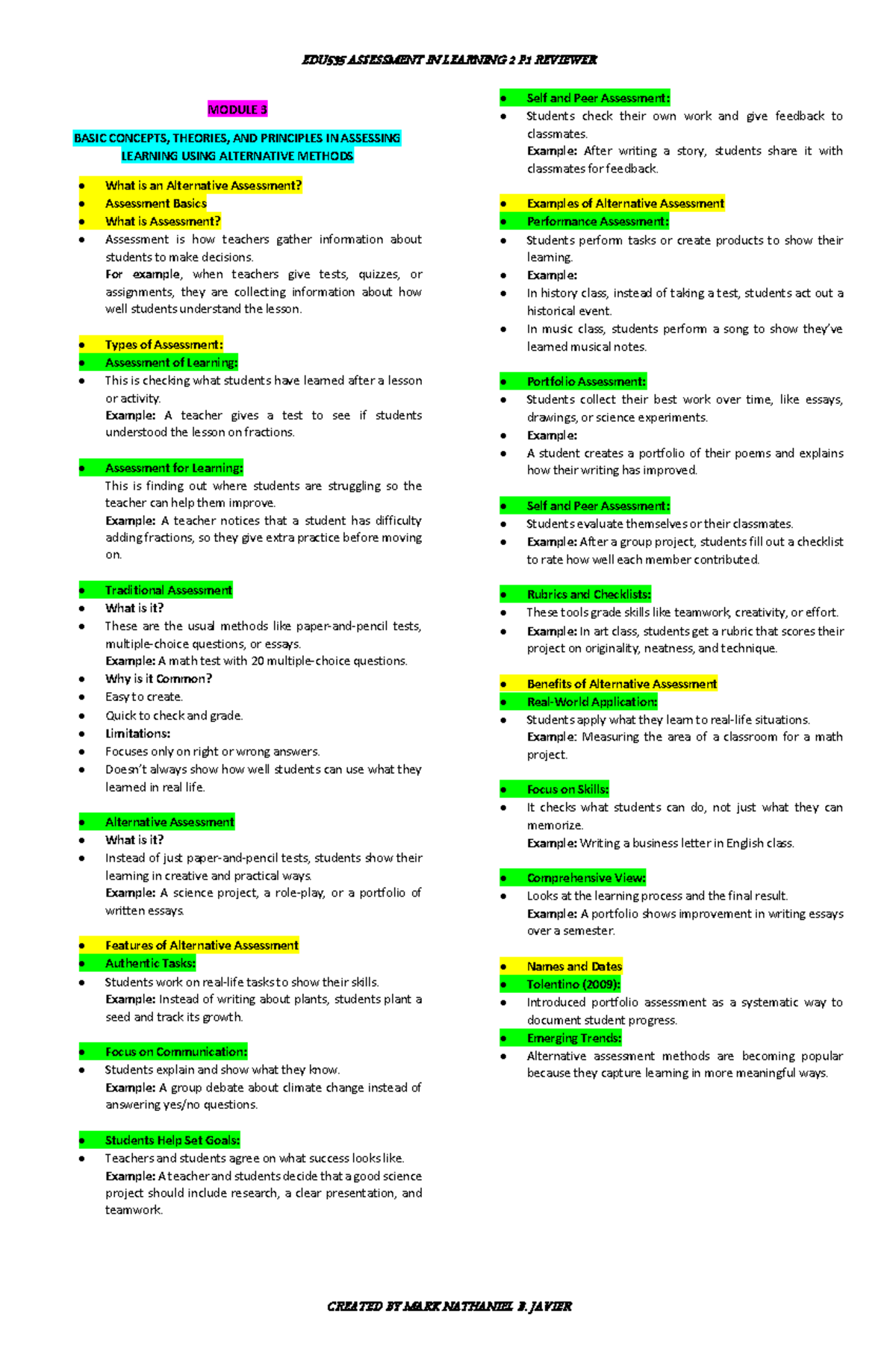 EDU535 ASSESSMENT IN LEARNING 2 P1 REVIEWER: ALTERNATIVE ASSESSMENT ...