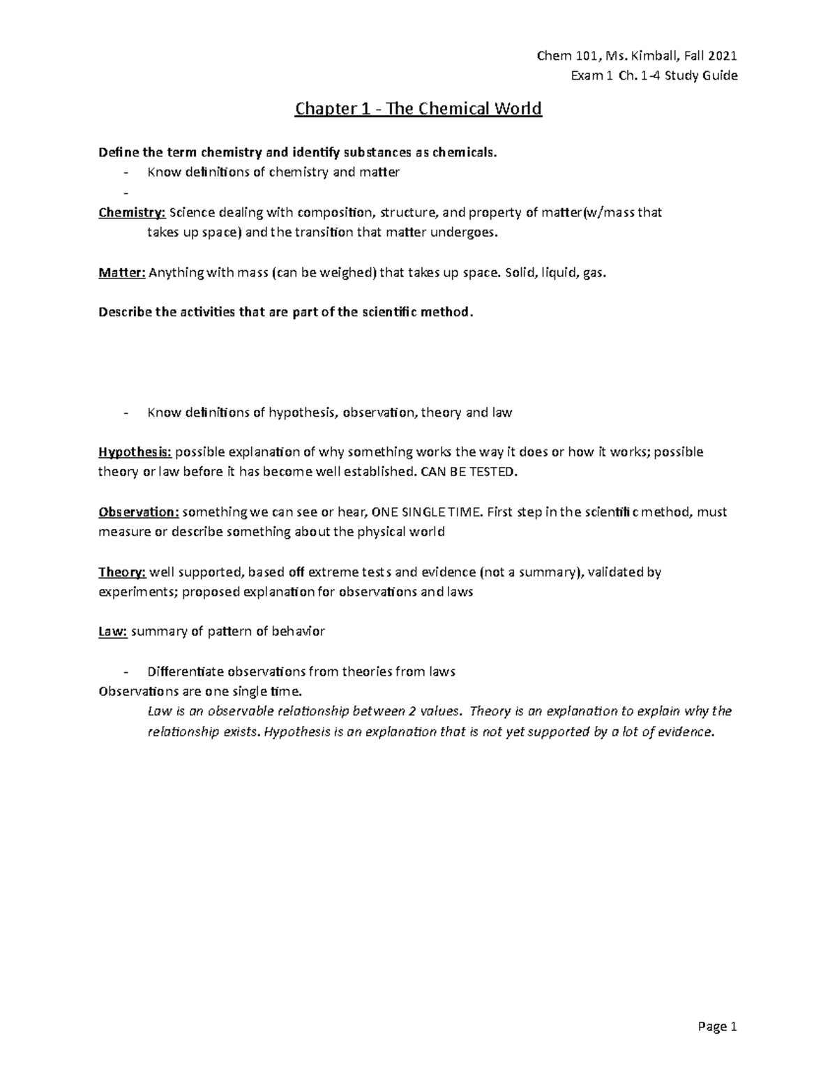 Exam 1 Study Guide for Ch. 1-4 - Chemistry (Kimball) - Studocu
