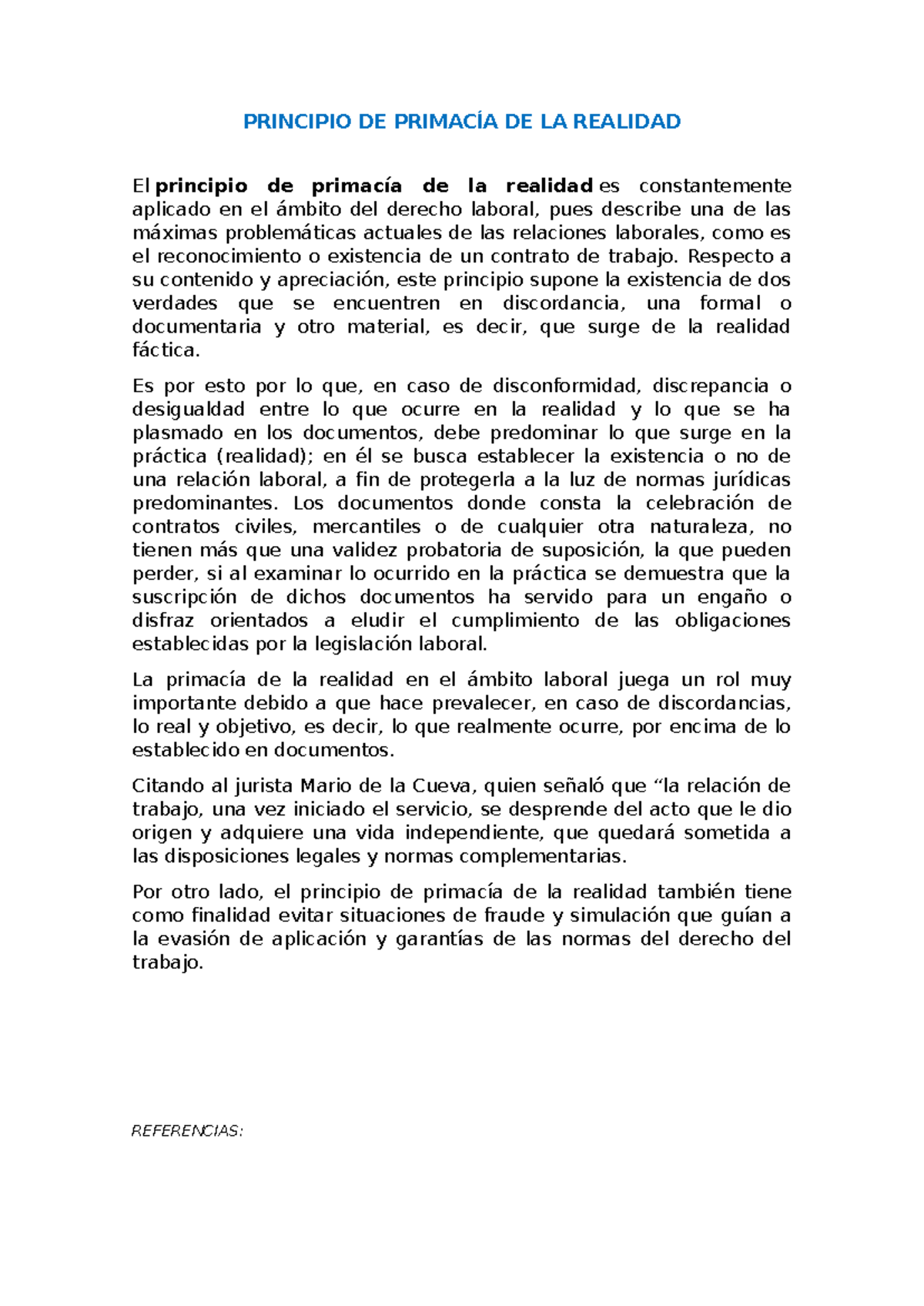 Principio de Primacía de la Realidad en Derecho Laboral - Studocu