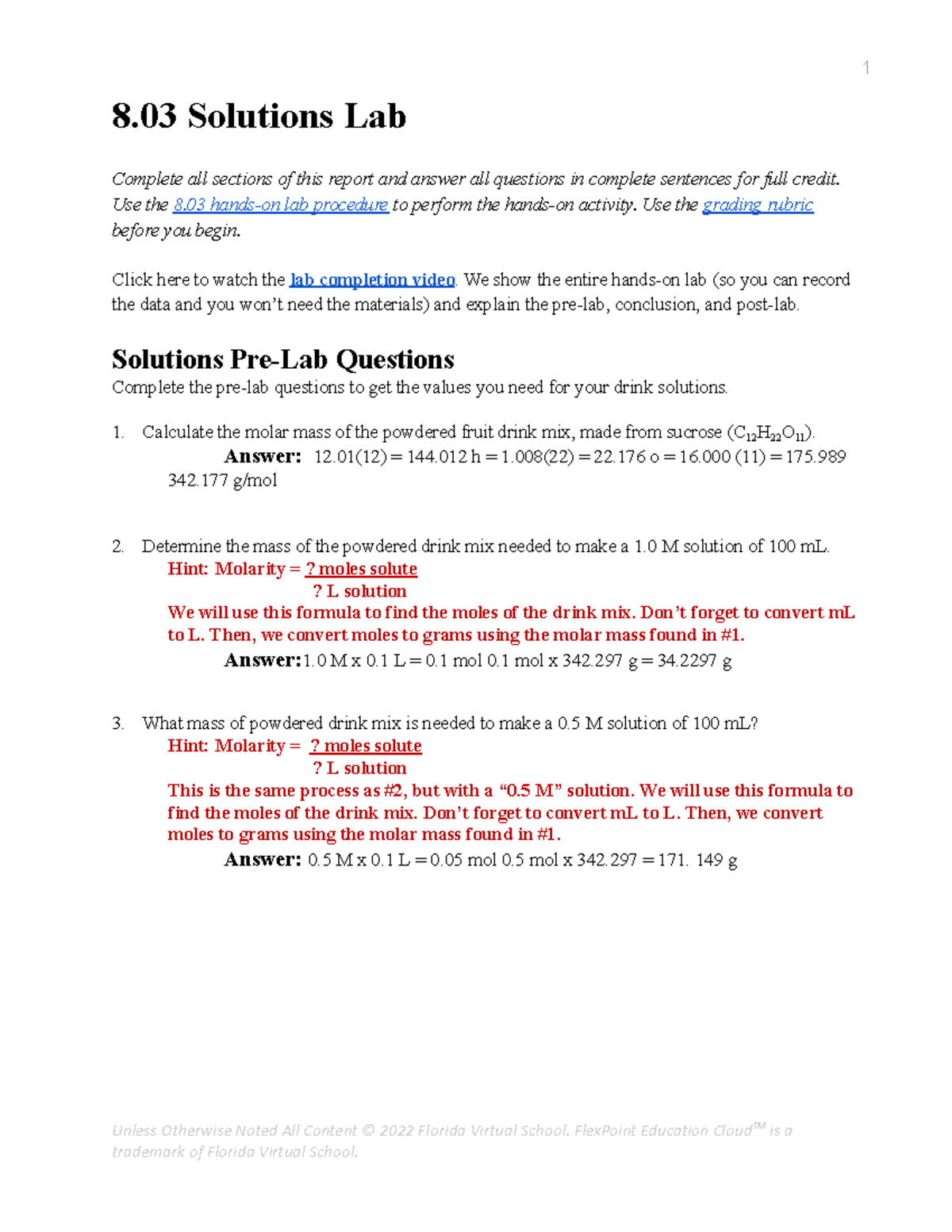 8.03 Solutions Lab Report: Molarity Calculations and Data Analysis ...