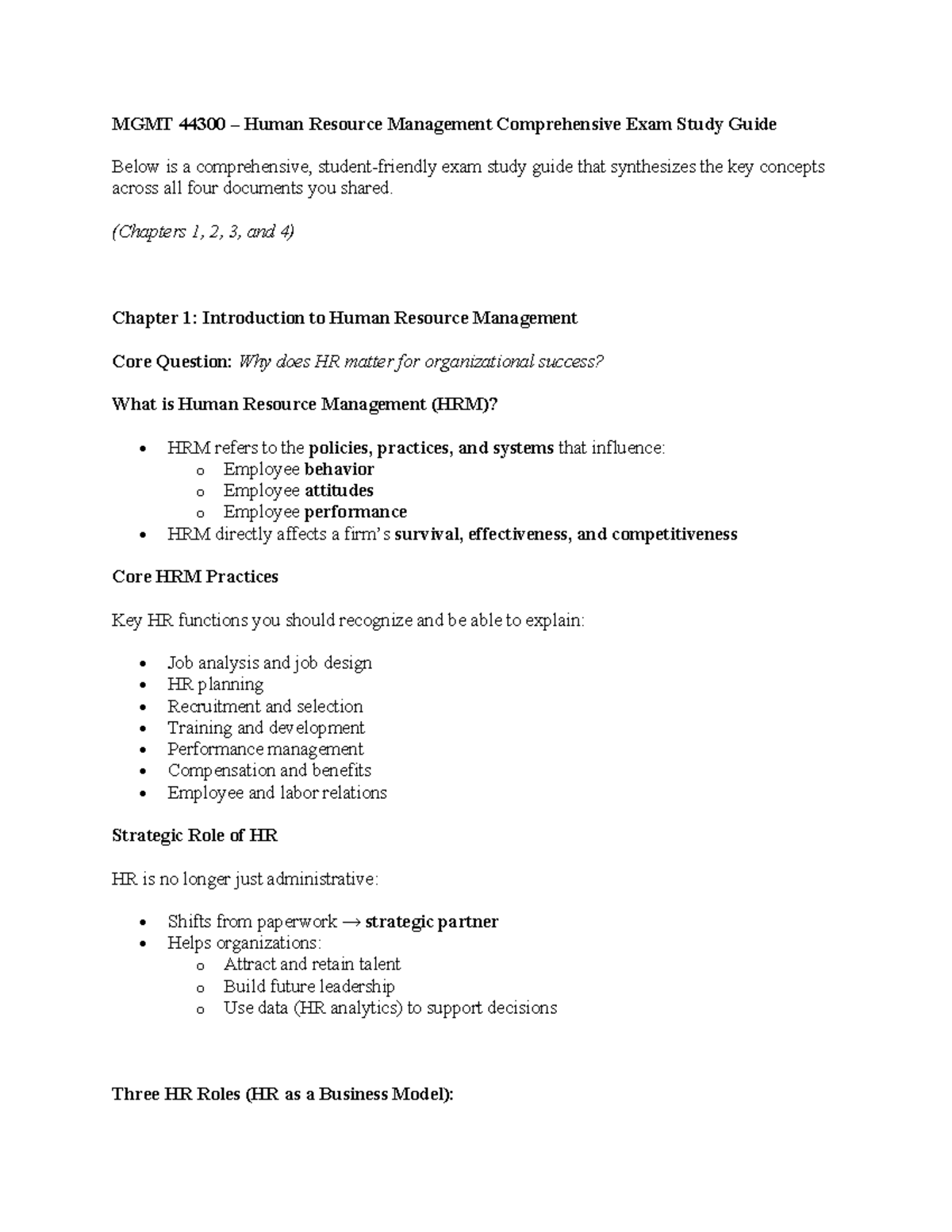 MGMT 44300 Human Resource Management Comprehensive Exam Study Guide ...